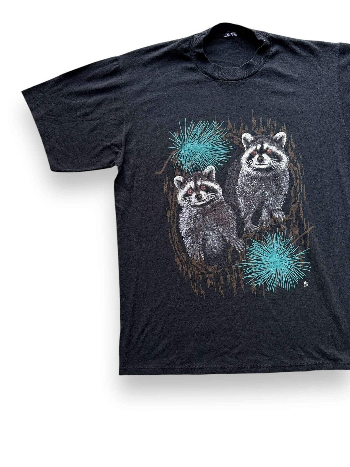 Front Right View of Vintage Single Stitch Double Raccoon Tee SZ L