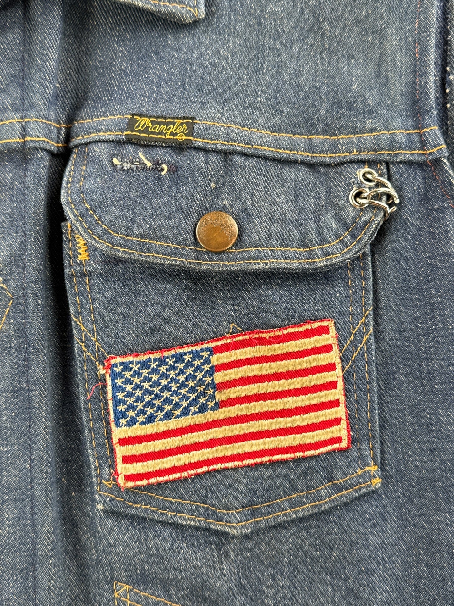 American flag patch on breast pocket of Vintage 60s Dark Wash Wrangler Biker Vest SZ 40