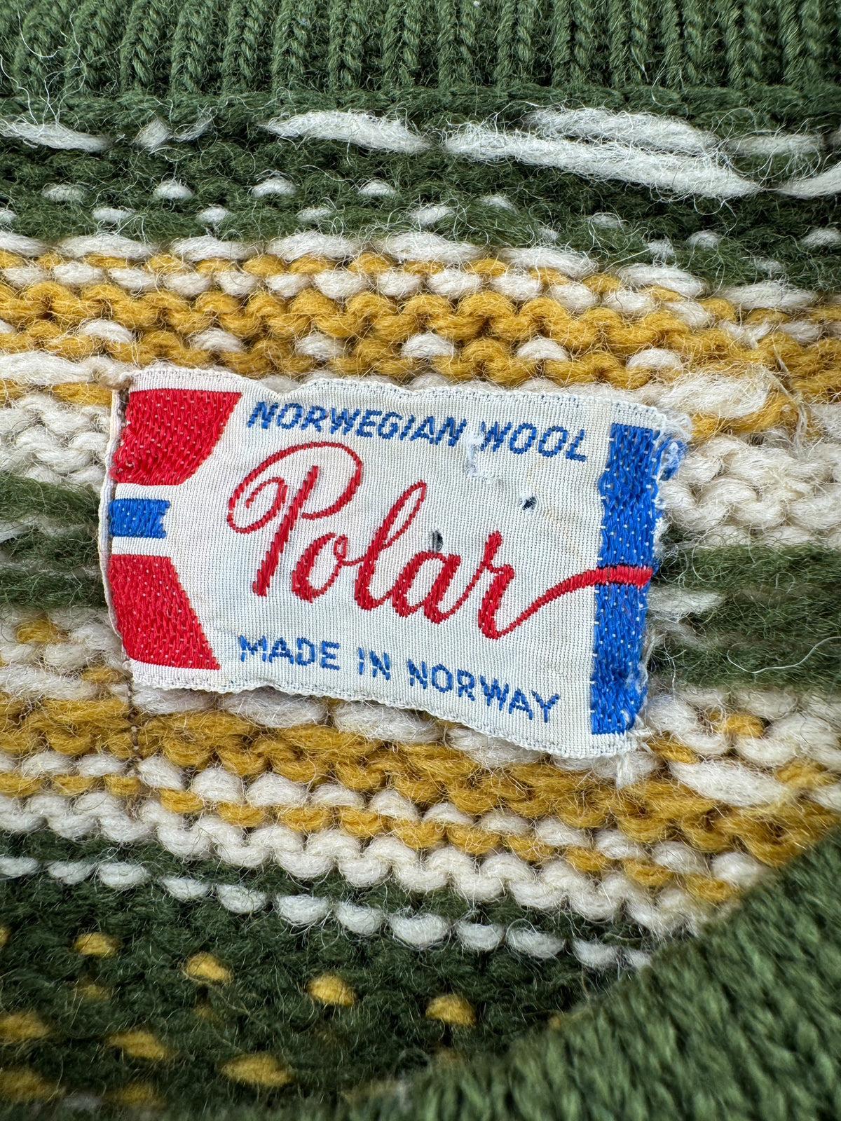 Tag on Vintage Green & Mustard Norwegian Wool Cardigan SZ M