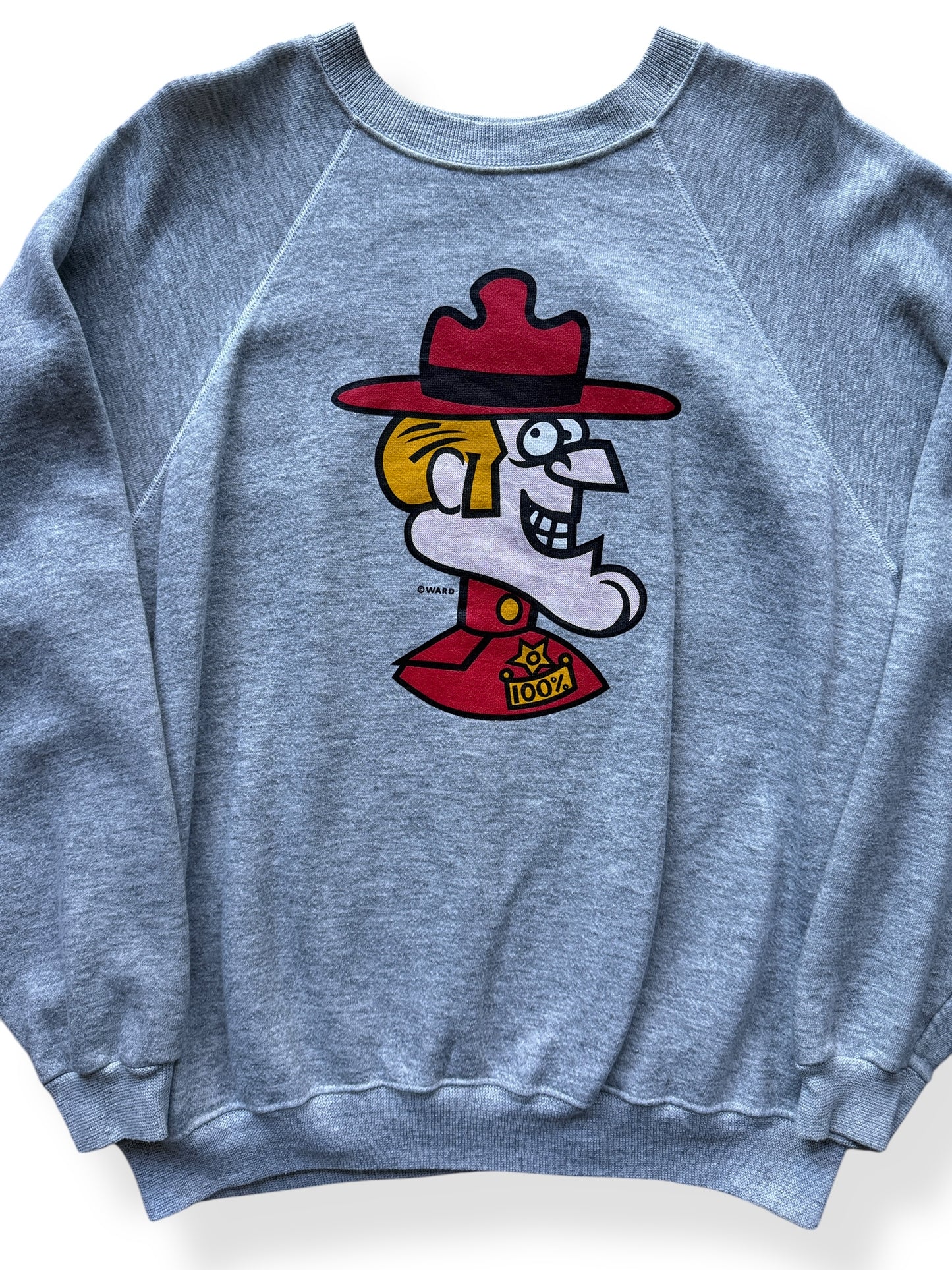 Front Close Up of Vintage Heather Grey Dudley Do Right Crewneck SZ XL