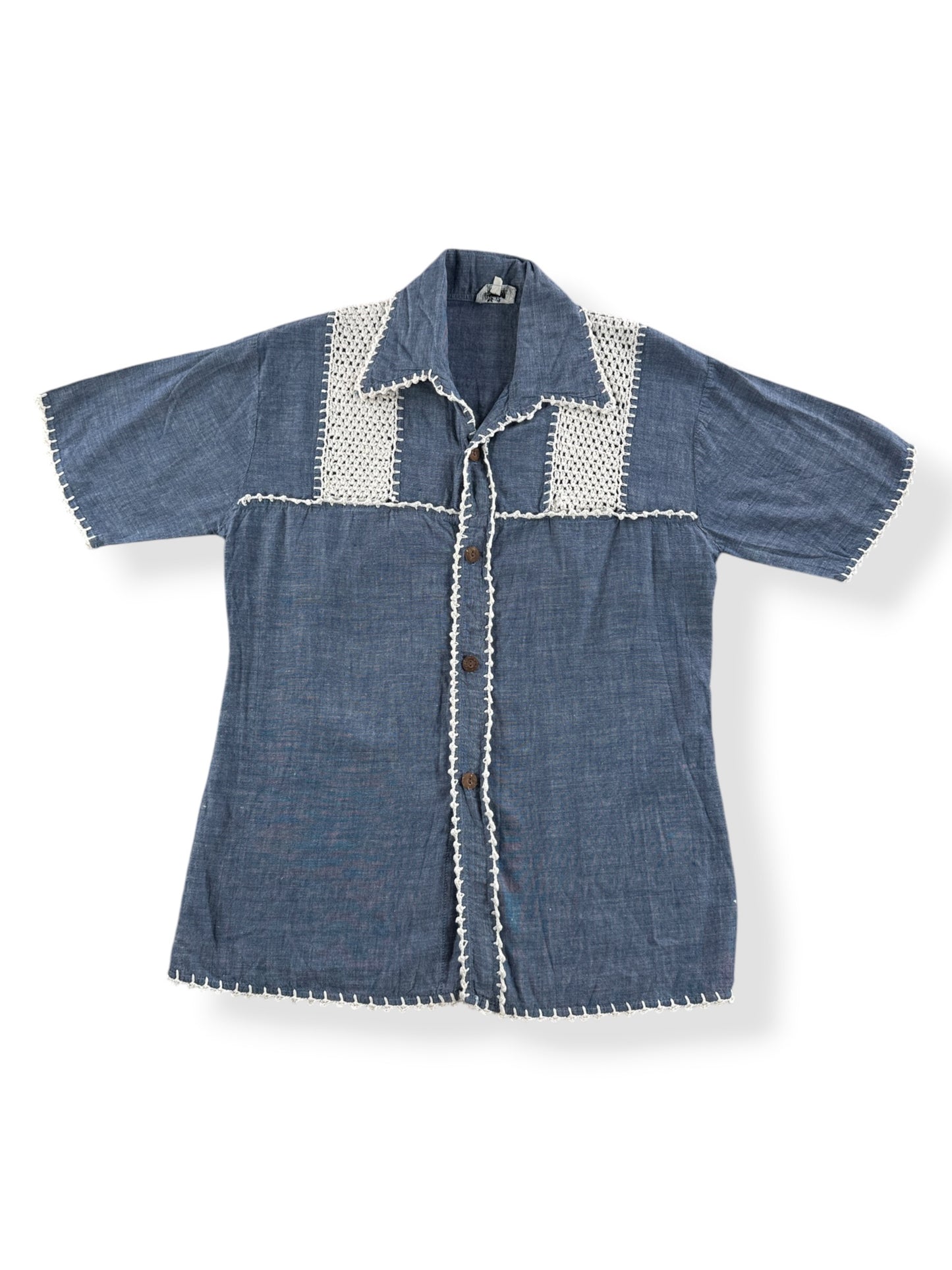 Front Vintage 70s Chambray Crocheted Shirt SZ S