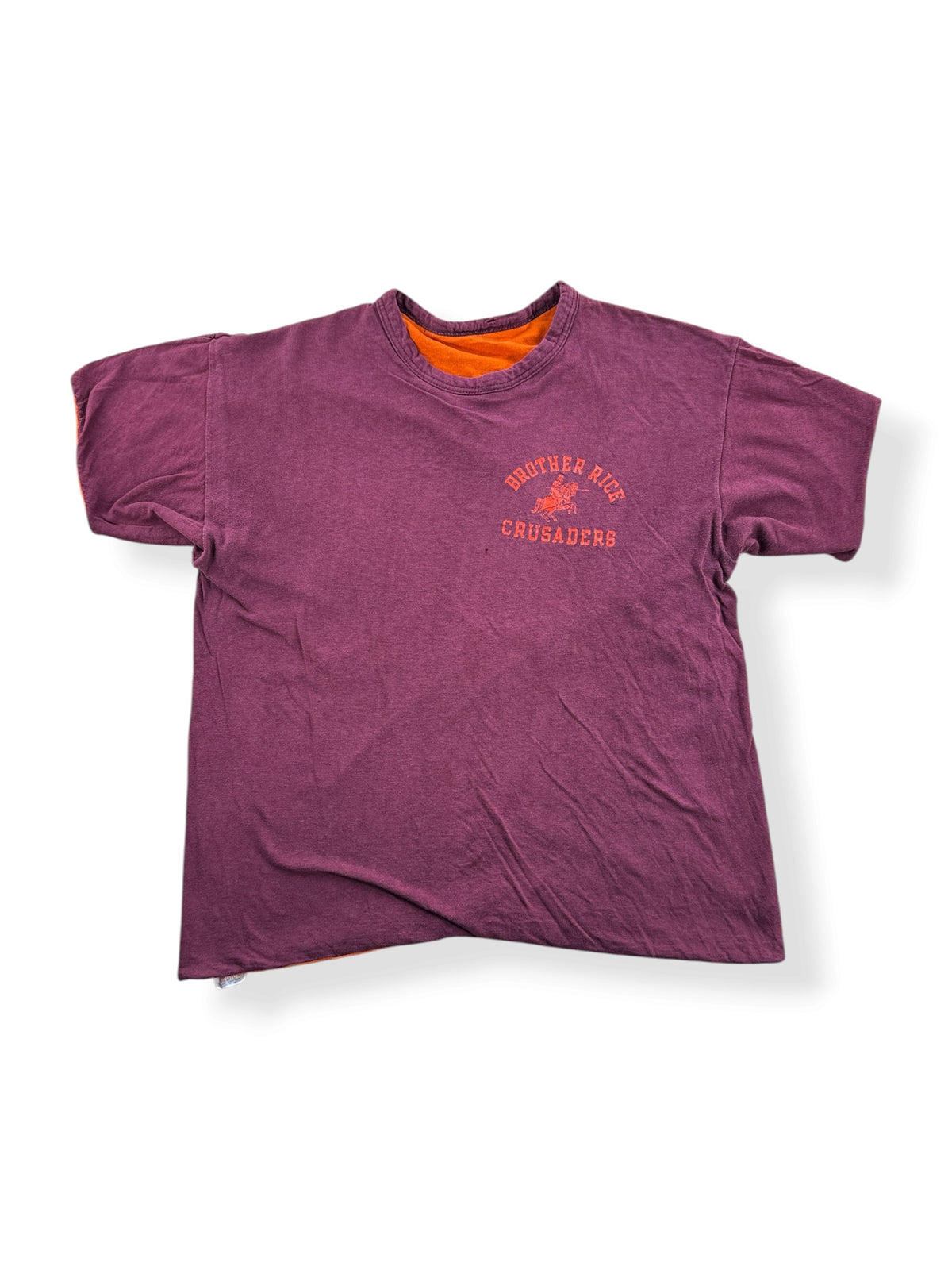 Front of Vintage Champion Blue Bar Burgundy Reversible Tee SZ M