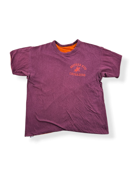 Front of Vintage Champion Blue Bar Burgundy Reversible Tee SZ M