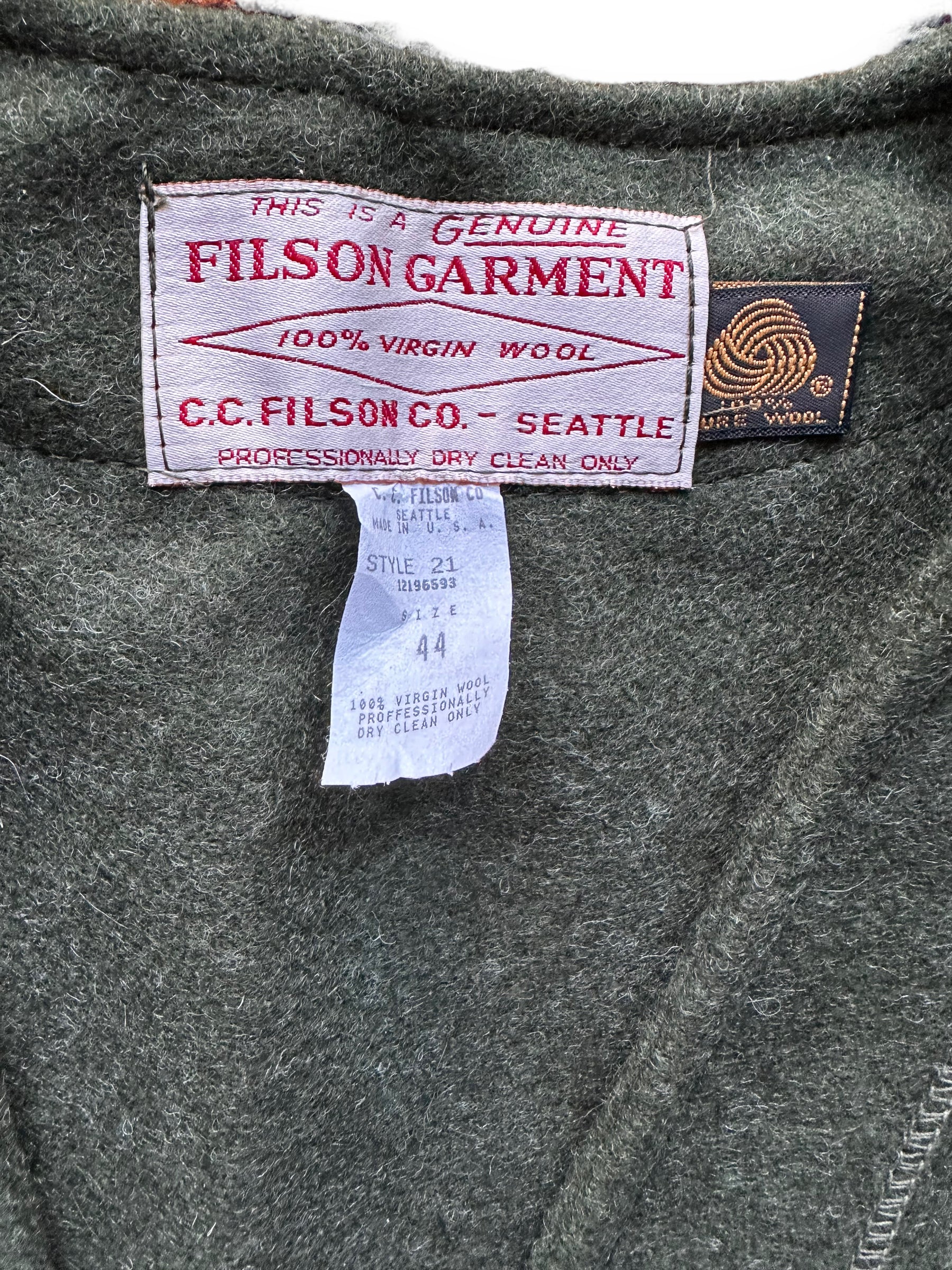 Tag Close Up on Vintage Deadstock Filson Mackinaw Wool Liner SZ L |  Vintage Filson Workwear Seattle | Barn Owl Vintage