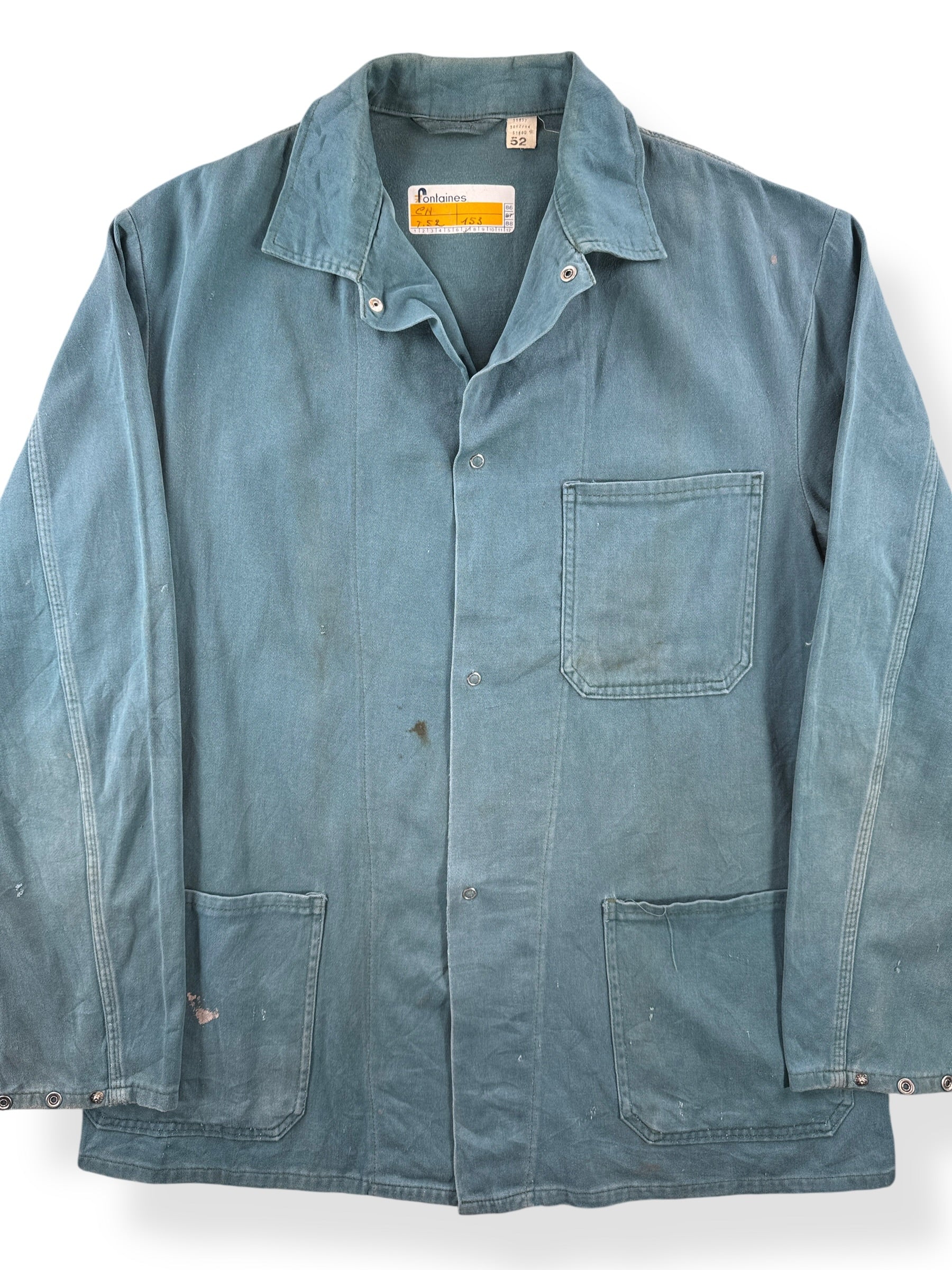 Front Close Up of Vintage Fontaines Green French Chore Coat SZ M