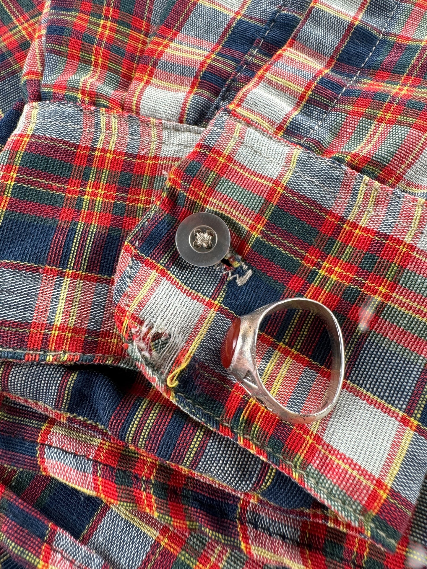 Ware on cuff of Vintage Cropped Big Mac Plaid Shirt SZ L