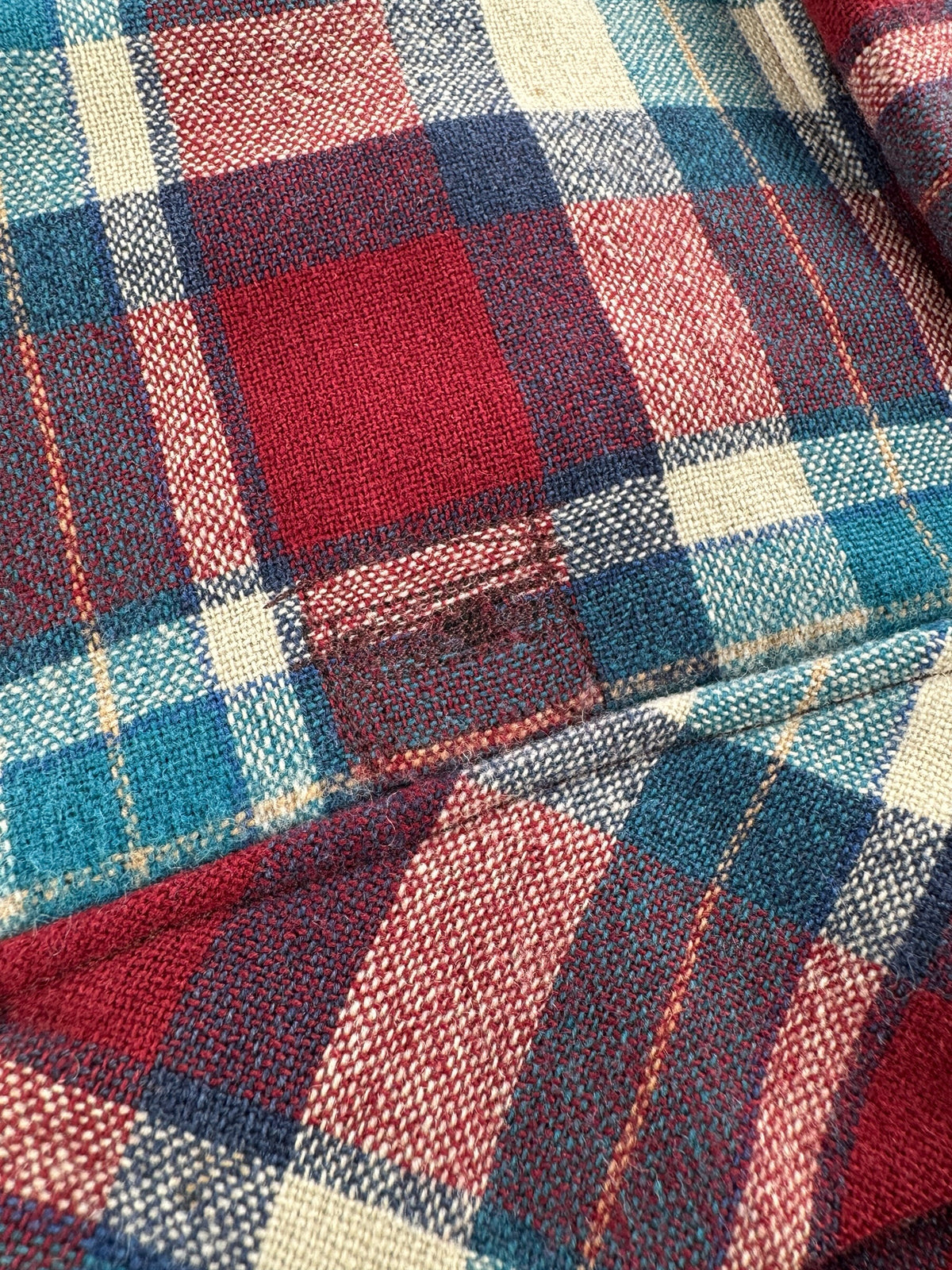 Repair above pocket on Vintage Pendleton Maroon Plaid Board Shirt W/ Elbow Pads SZ L - AS IS