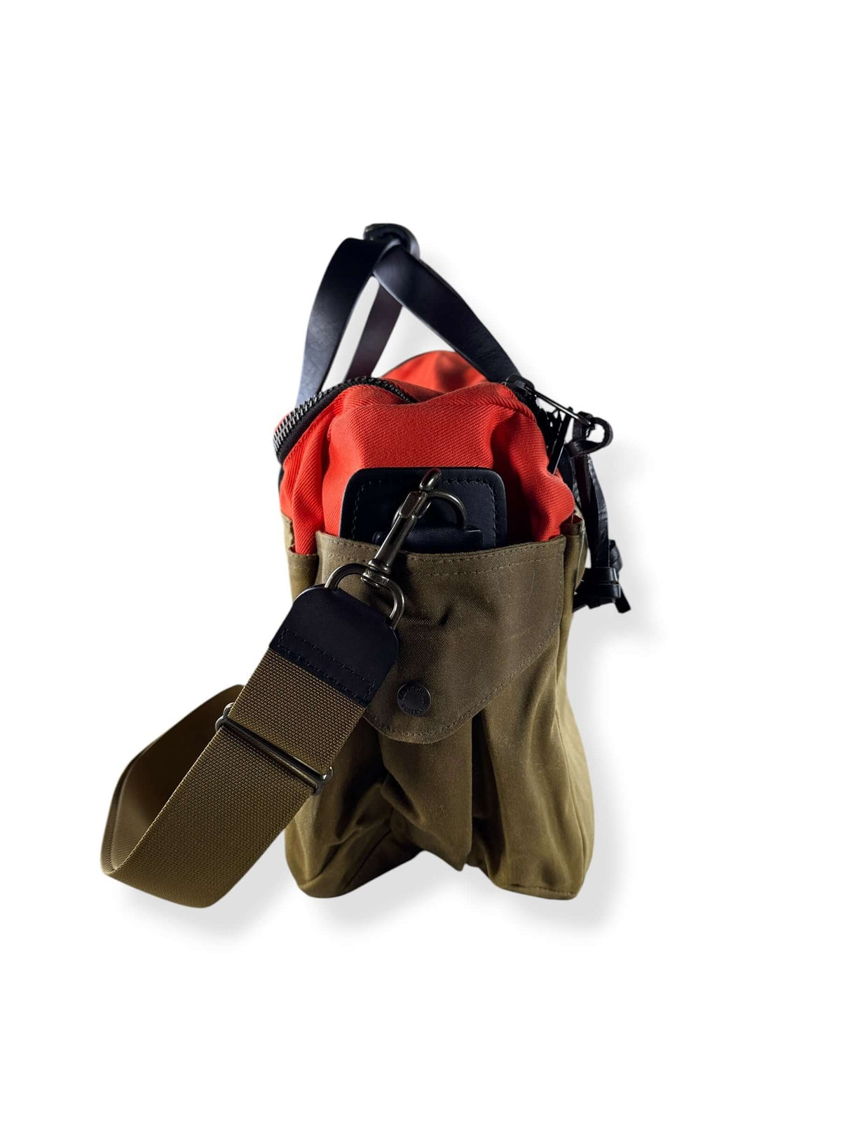 Side of Filson Heritage Sportsman Bag Orange Dark Tan NWOT