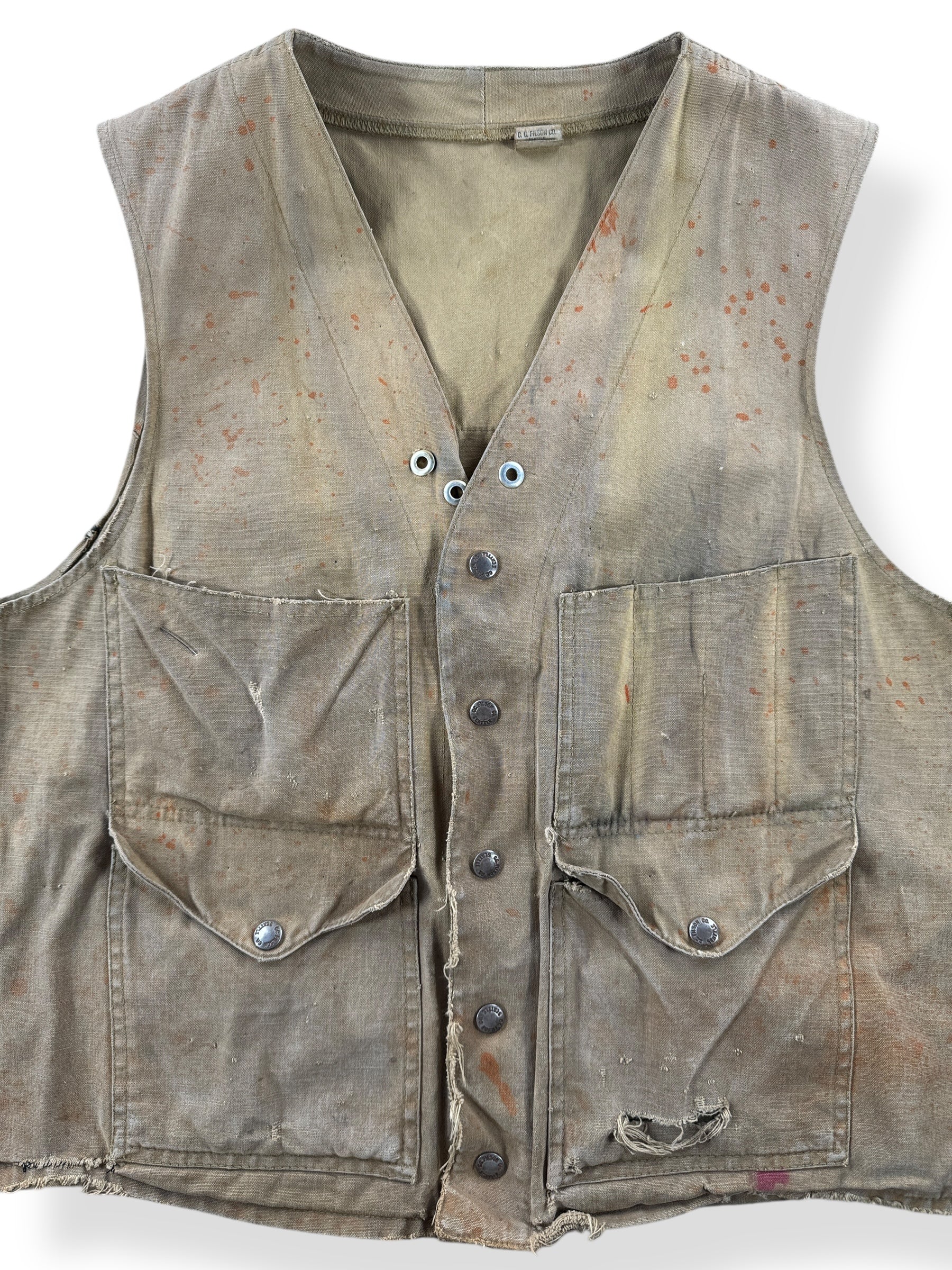 Front Close Up of Vintage Filson Tin Hunting Vest Button Sample SZ 40