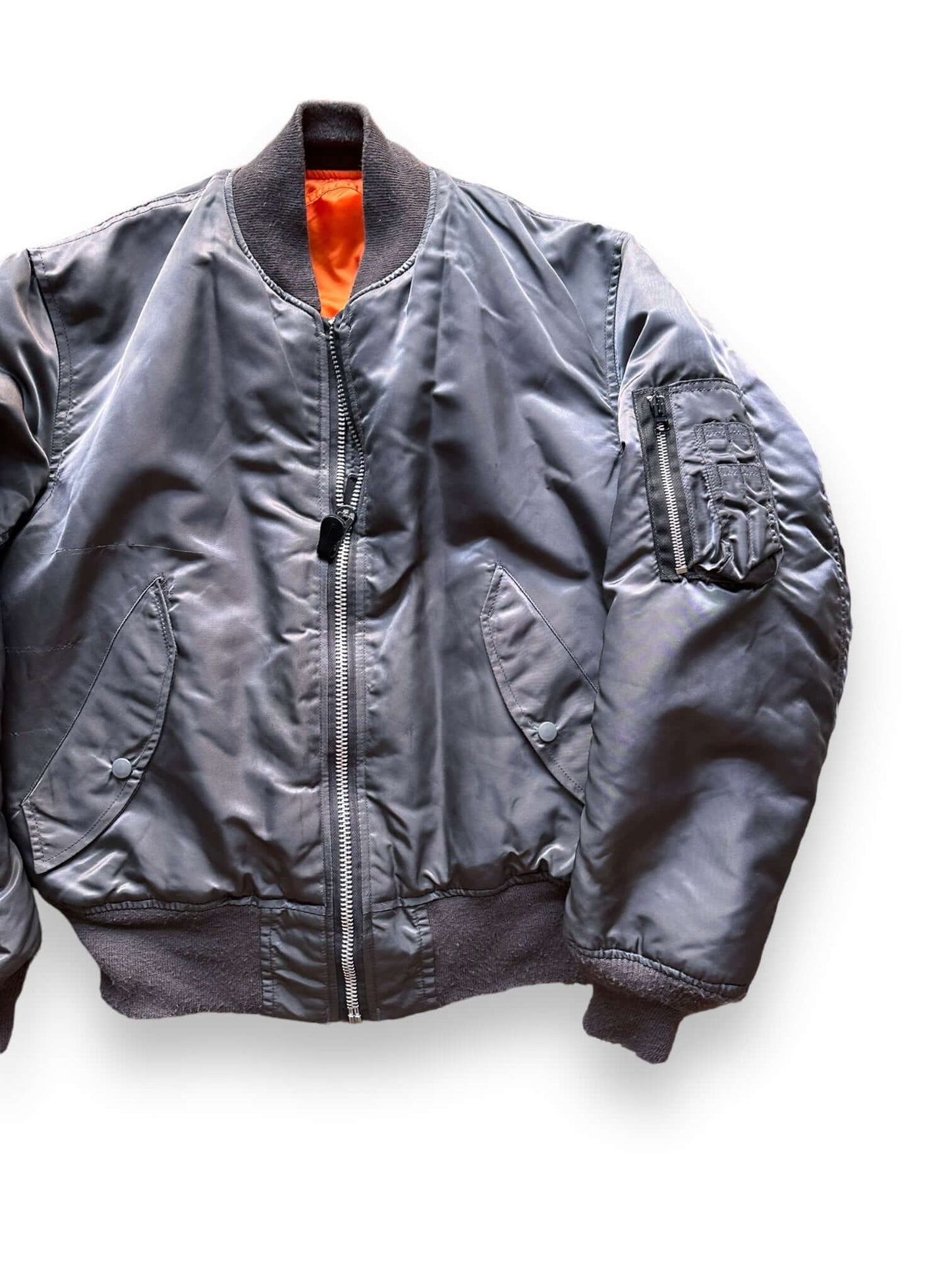 Front Left View of Vintage Grey MA-1 Flight Jacket SZ XL |  Vintage Military Jacket Seattle