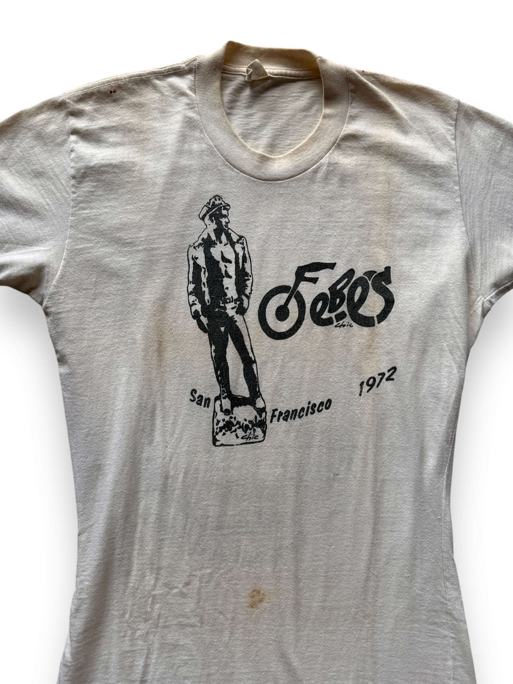 front close up of Vintage 1972 Fe-Be's San Francisco Gay Biker Bar Tee SZ M