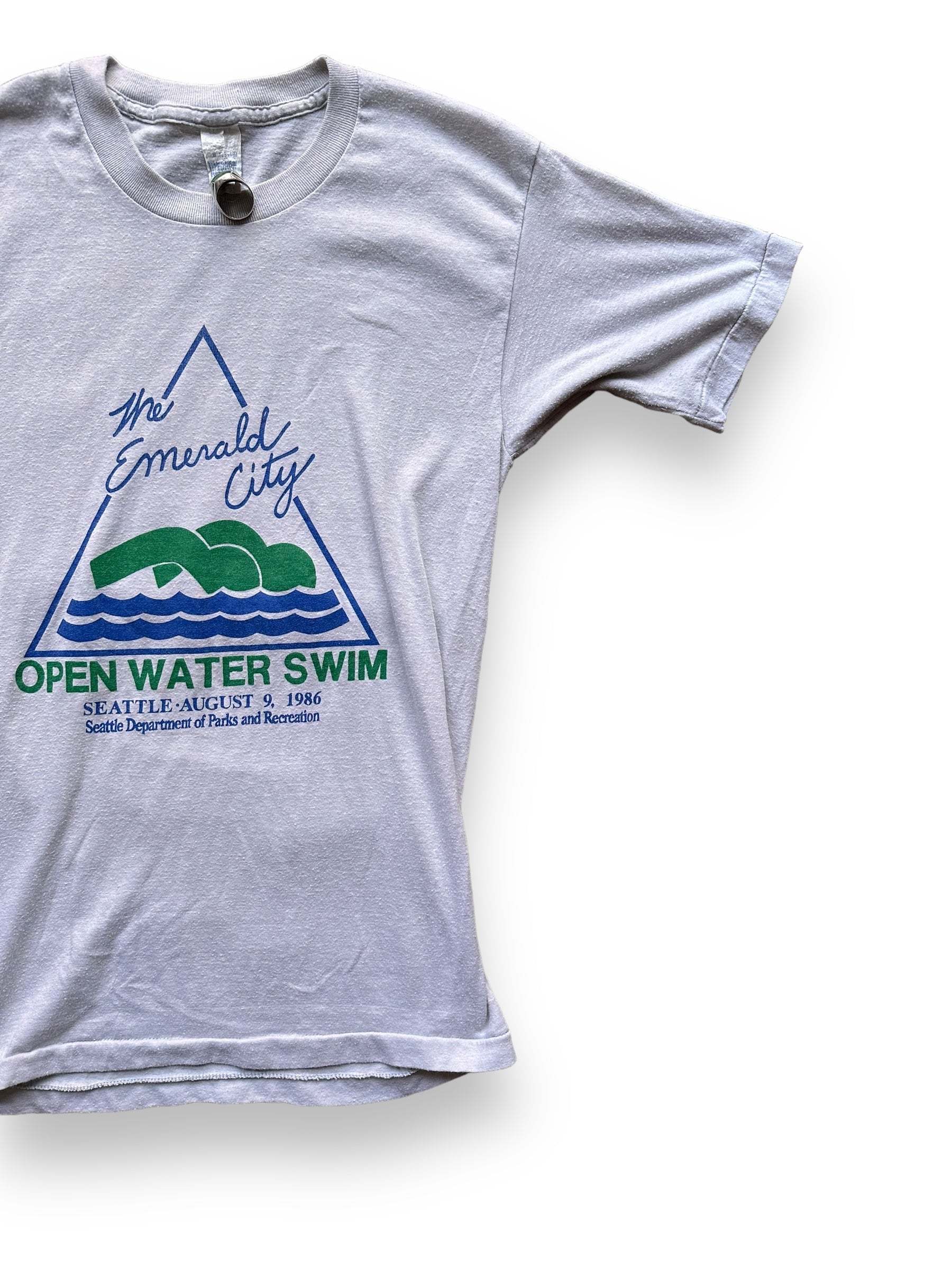 Front Left View of Vintage Emerald City Open Water Swim Tee SZ M | Barn Owl Vintage Tees | Vintage Graphic Tees Seattle