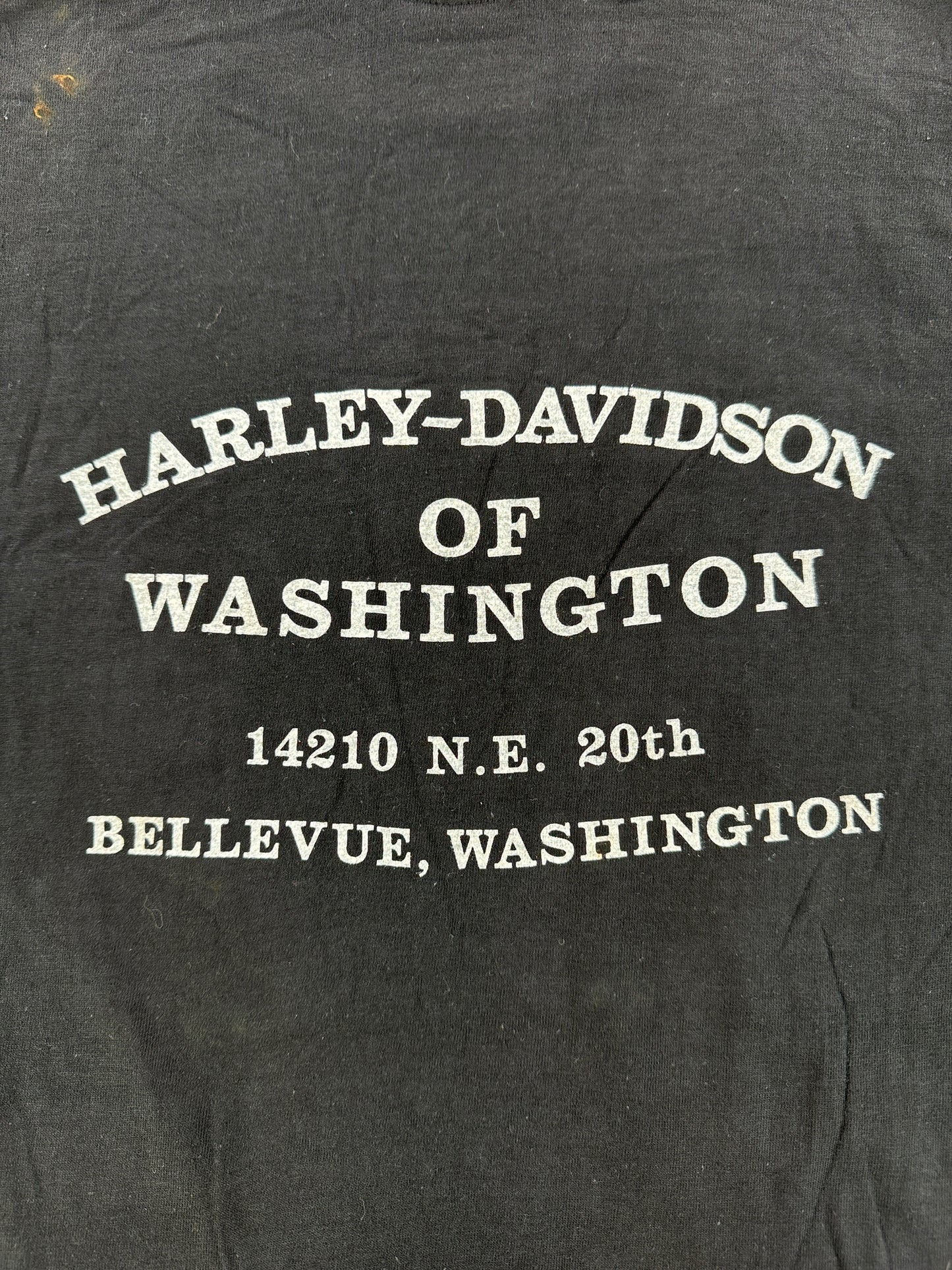Back Graphic of Vintage Bellevue Harley Davidson Logo Tee SZ M (Fits S)