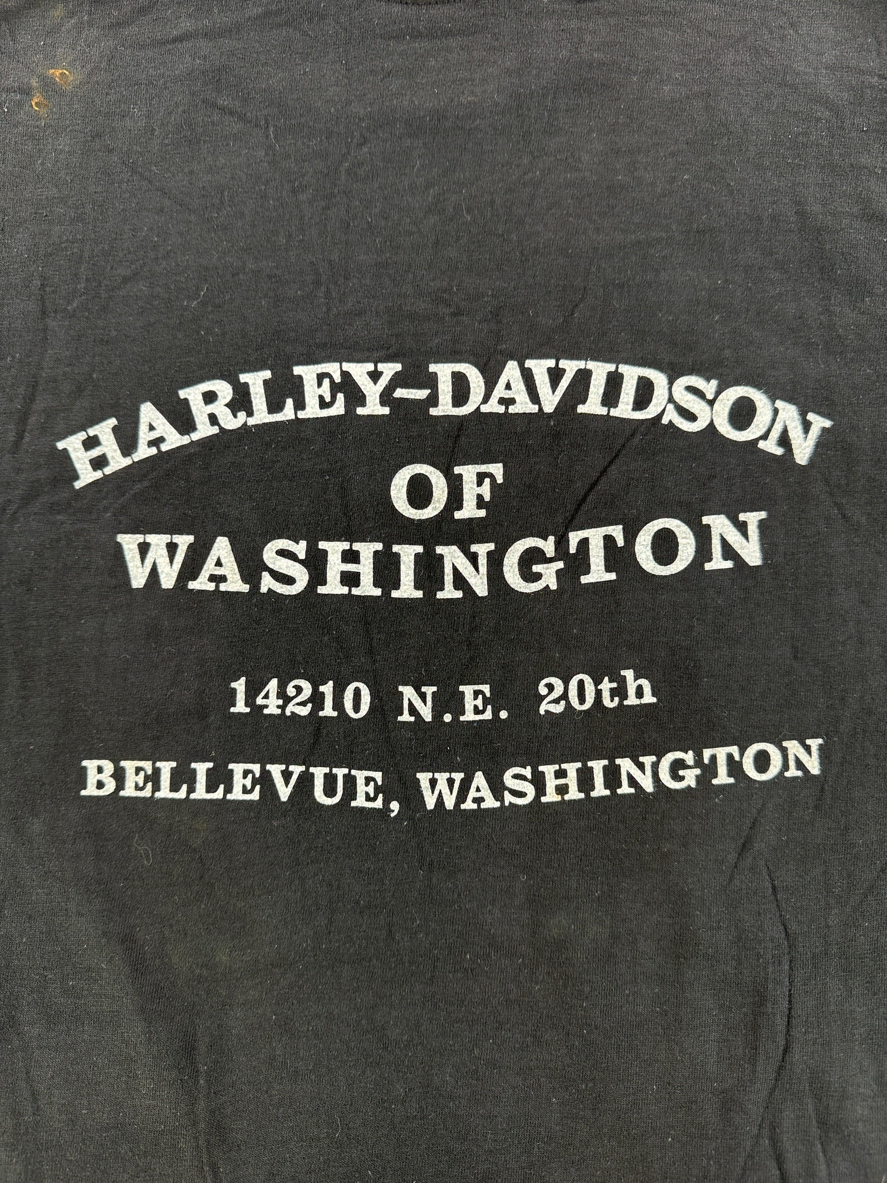 Back Graphic of Vintage Bellevue Harley Davidson Logo Tee SZ M (Fits S)