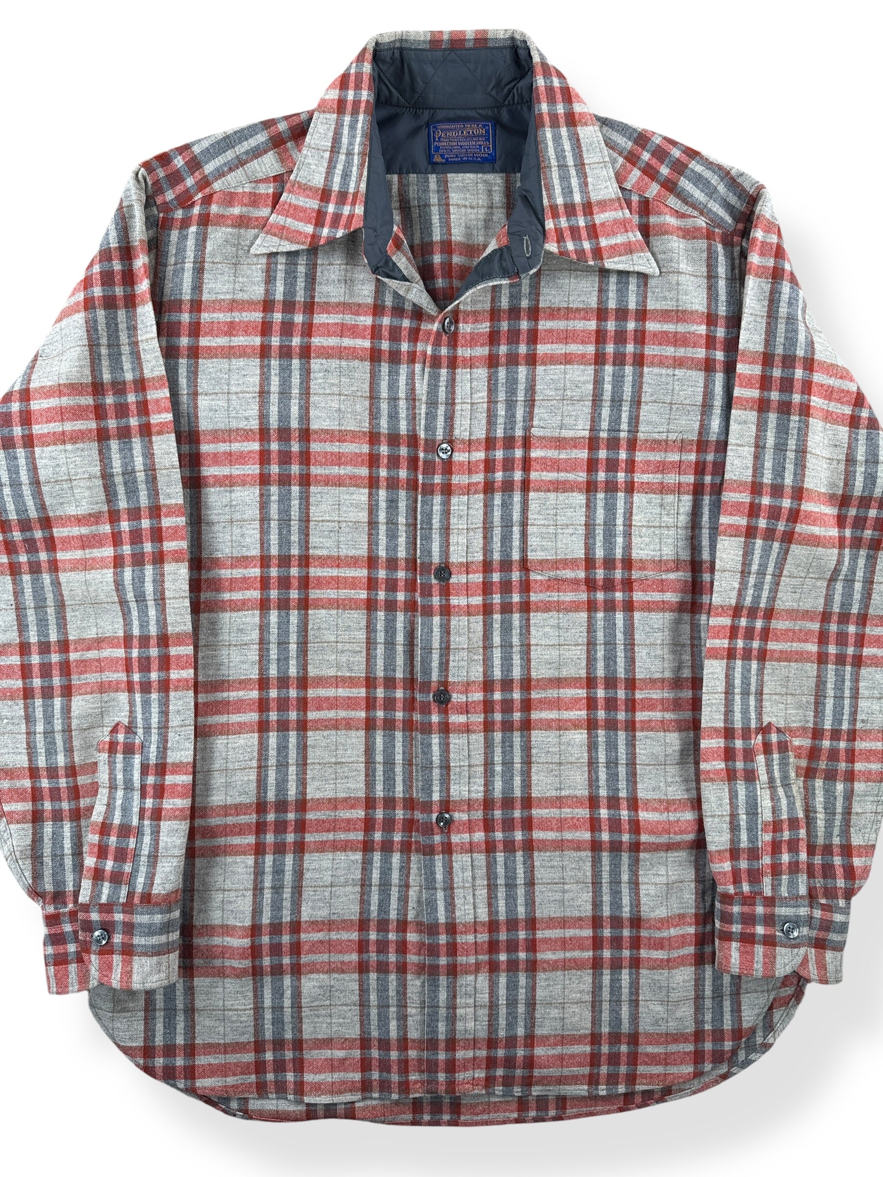 Front Close Up of Vintage Pendleton Brick Red and Grey Flannel SZ L
