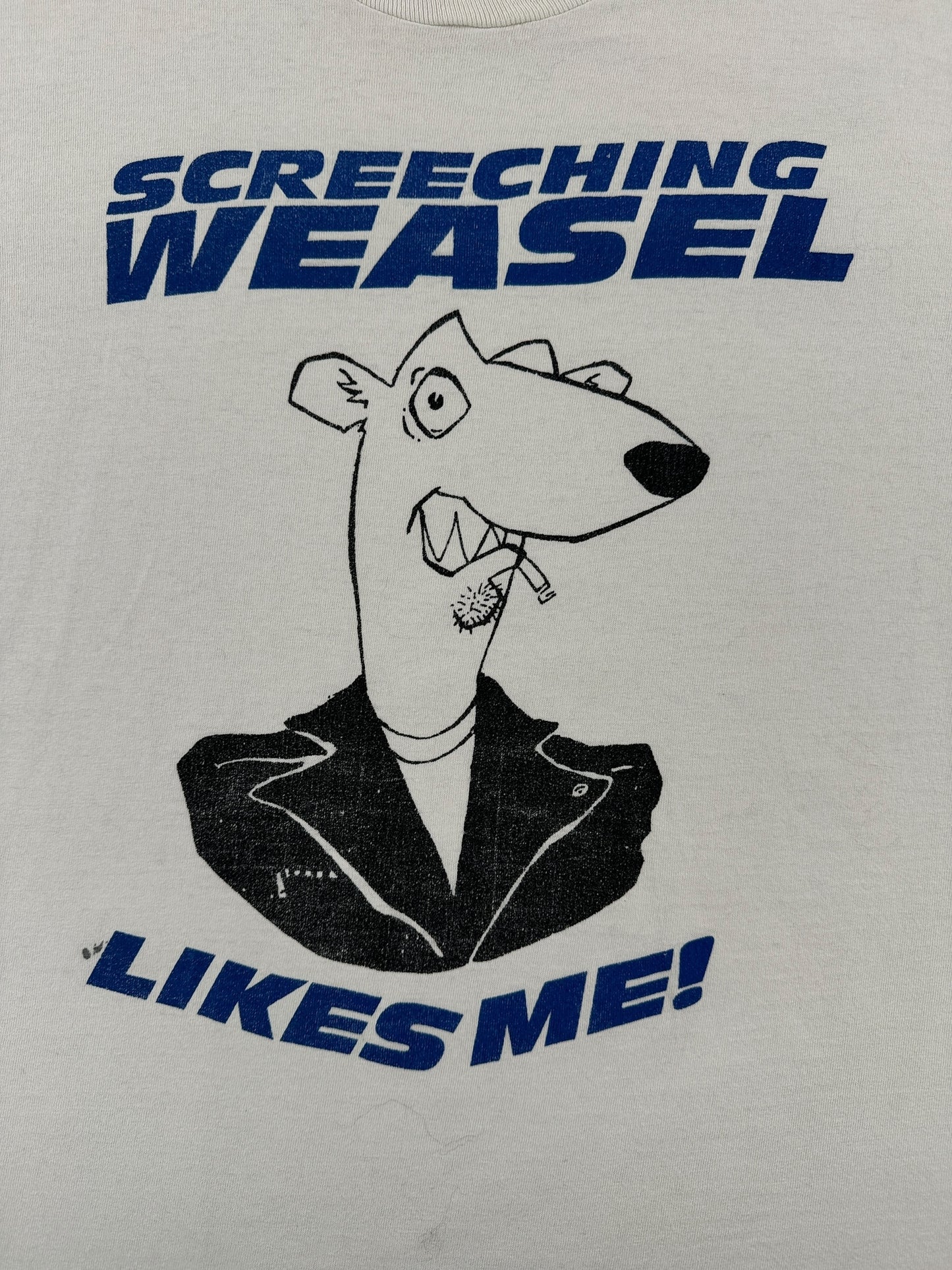 Front Graphic of Vintage Screeching Weasel Loves Me Tee SZ XL