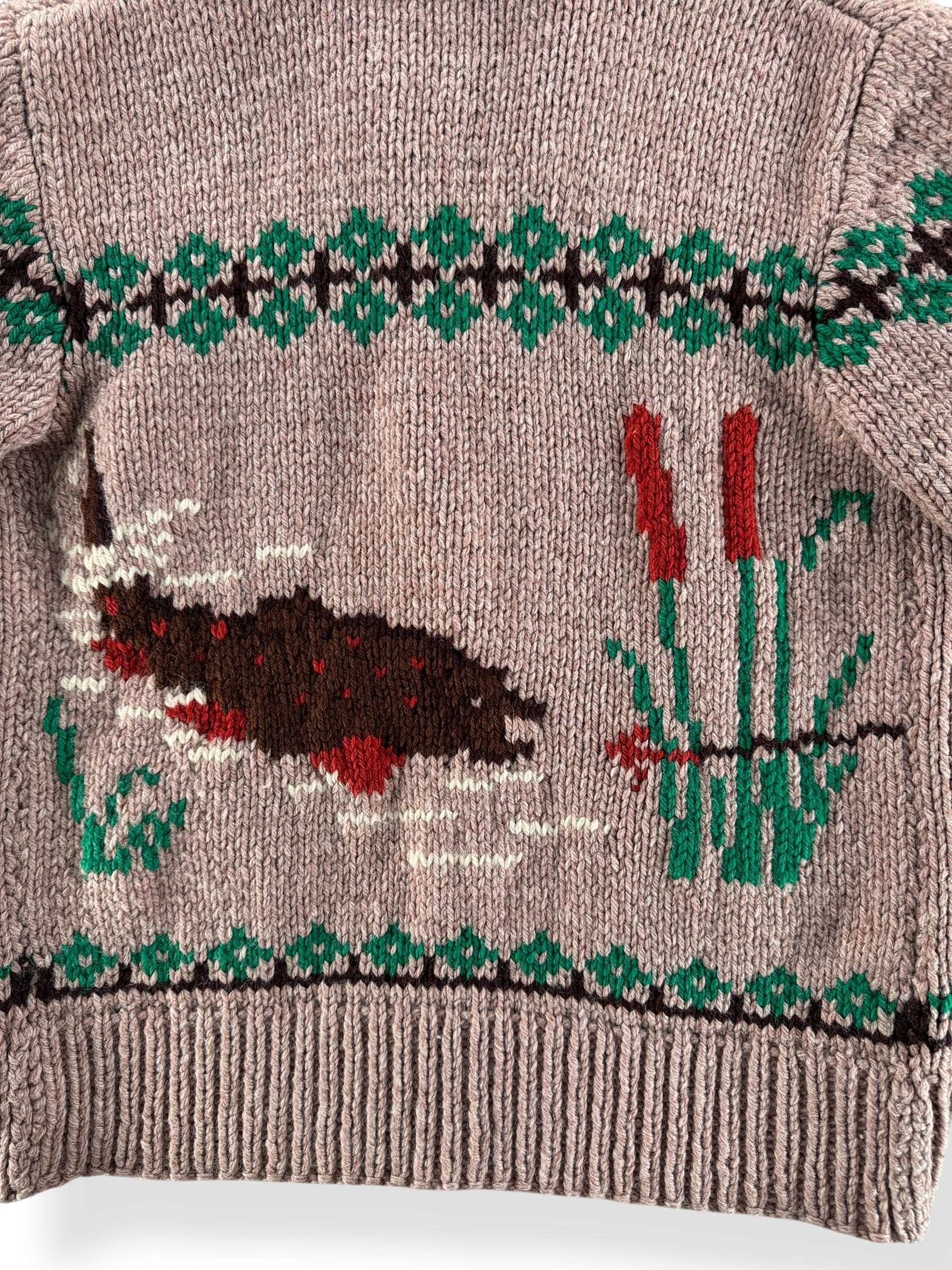 Back Design on Vintage Trout Cowichan Sweater SZ L