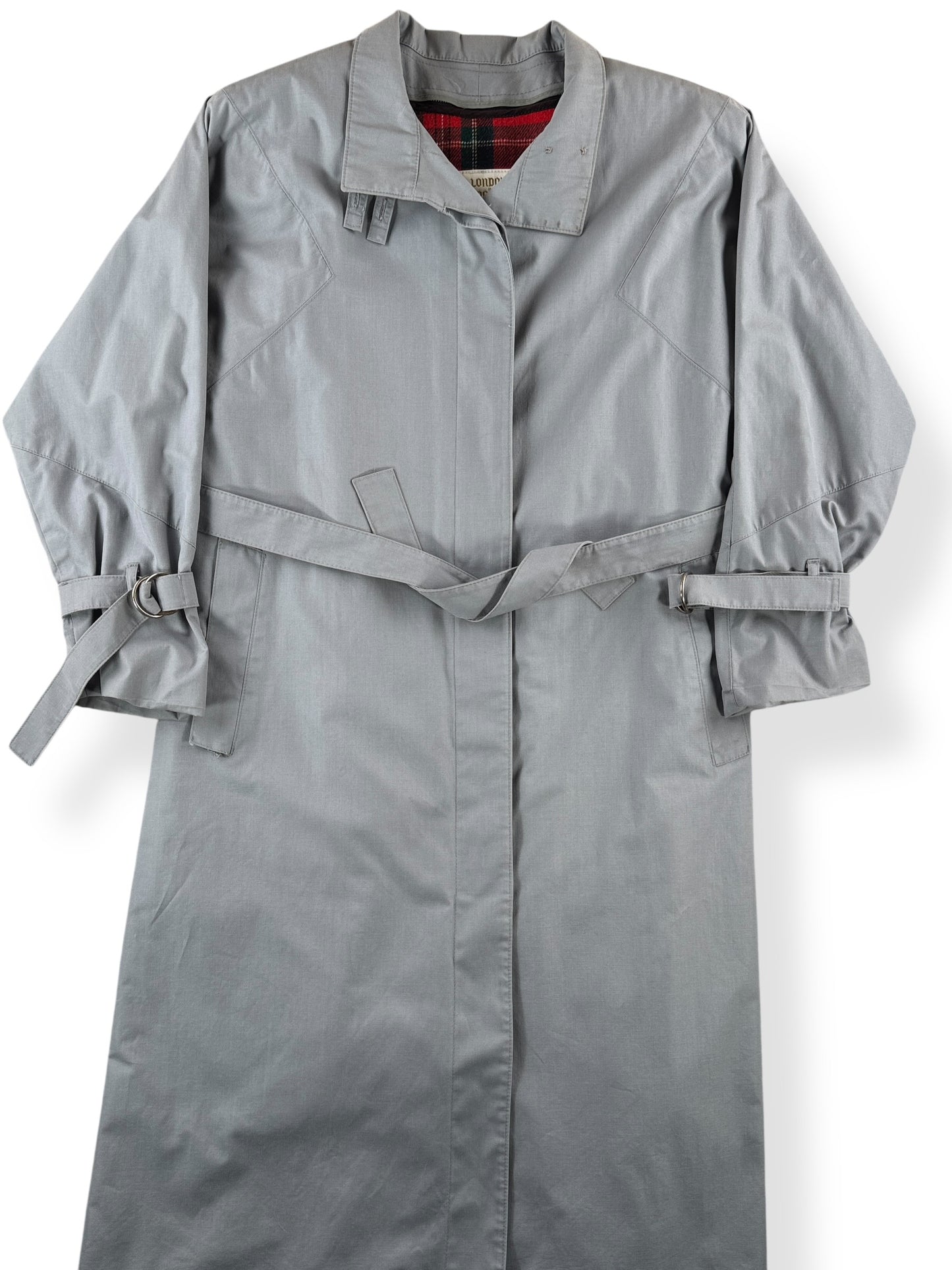Front Close Up of Vintage Grey London Fog Lined Trench Coat SZ M