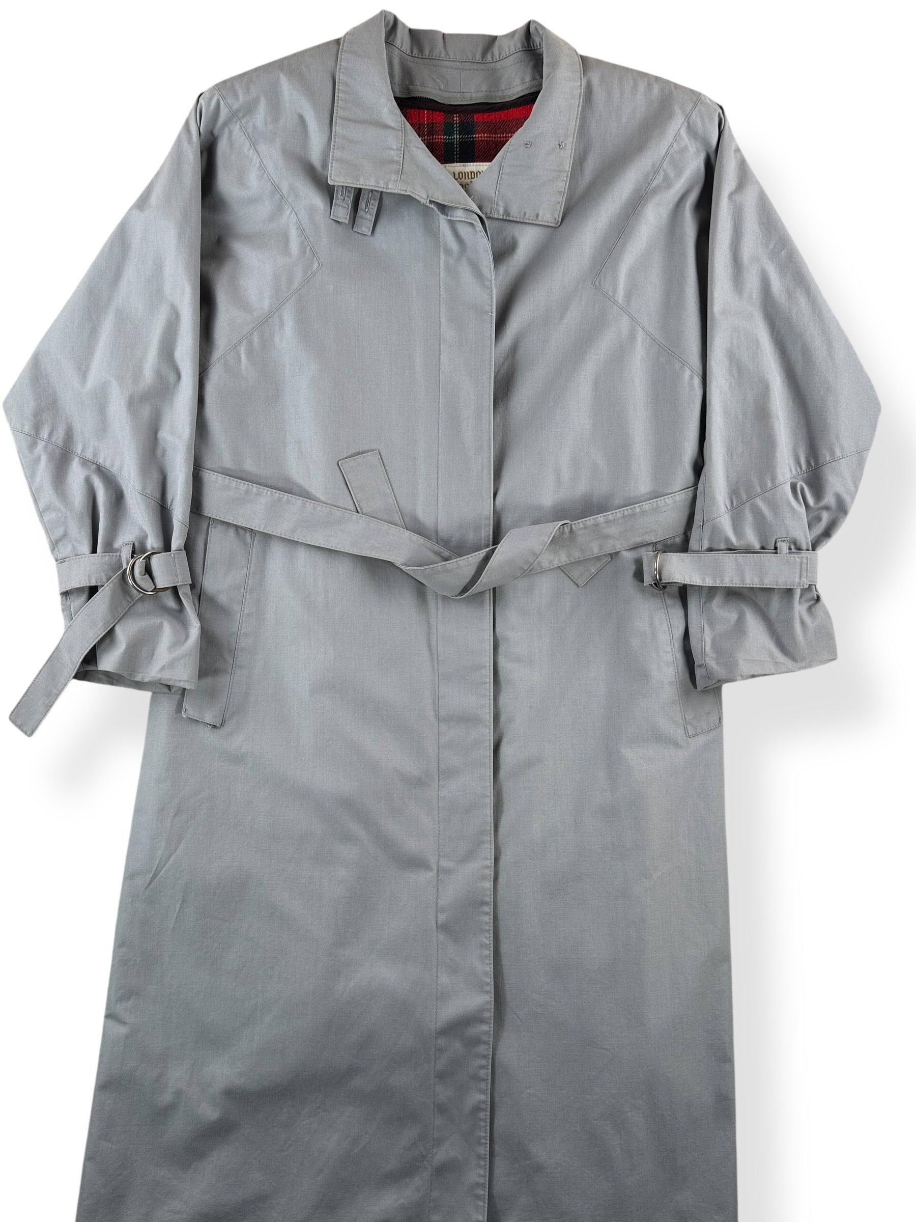 Front Close Up of Vintage Grey London Fog Lined Trench Coat SZ M