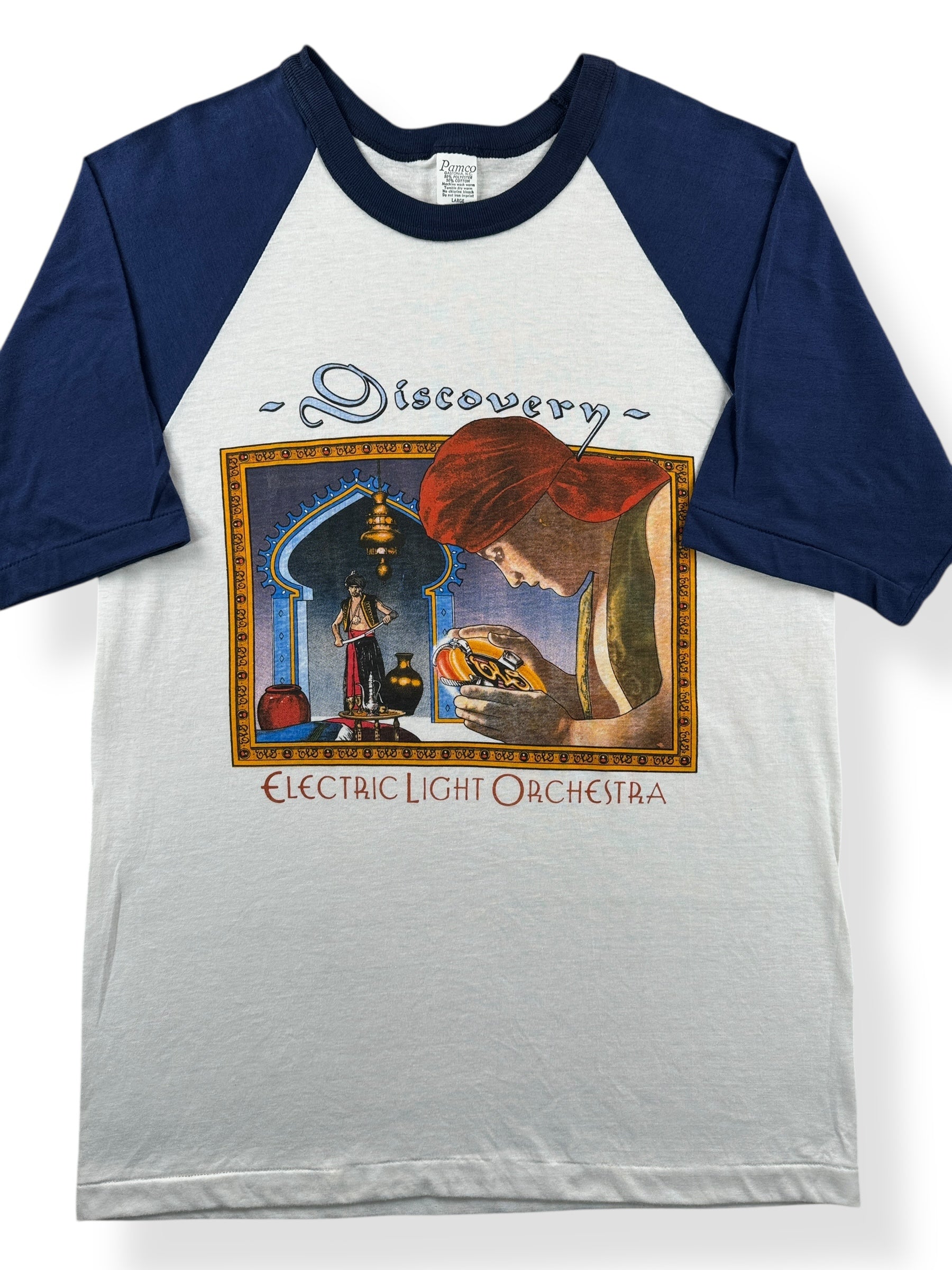 Front Close Up of Vintage Electric Light Orchestra Discovery Raglan Tee SZ M