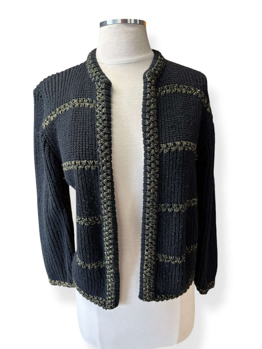 Front view of 1960s Sally Gee Black and Gold Lurex Cardigan L