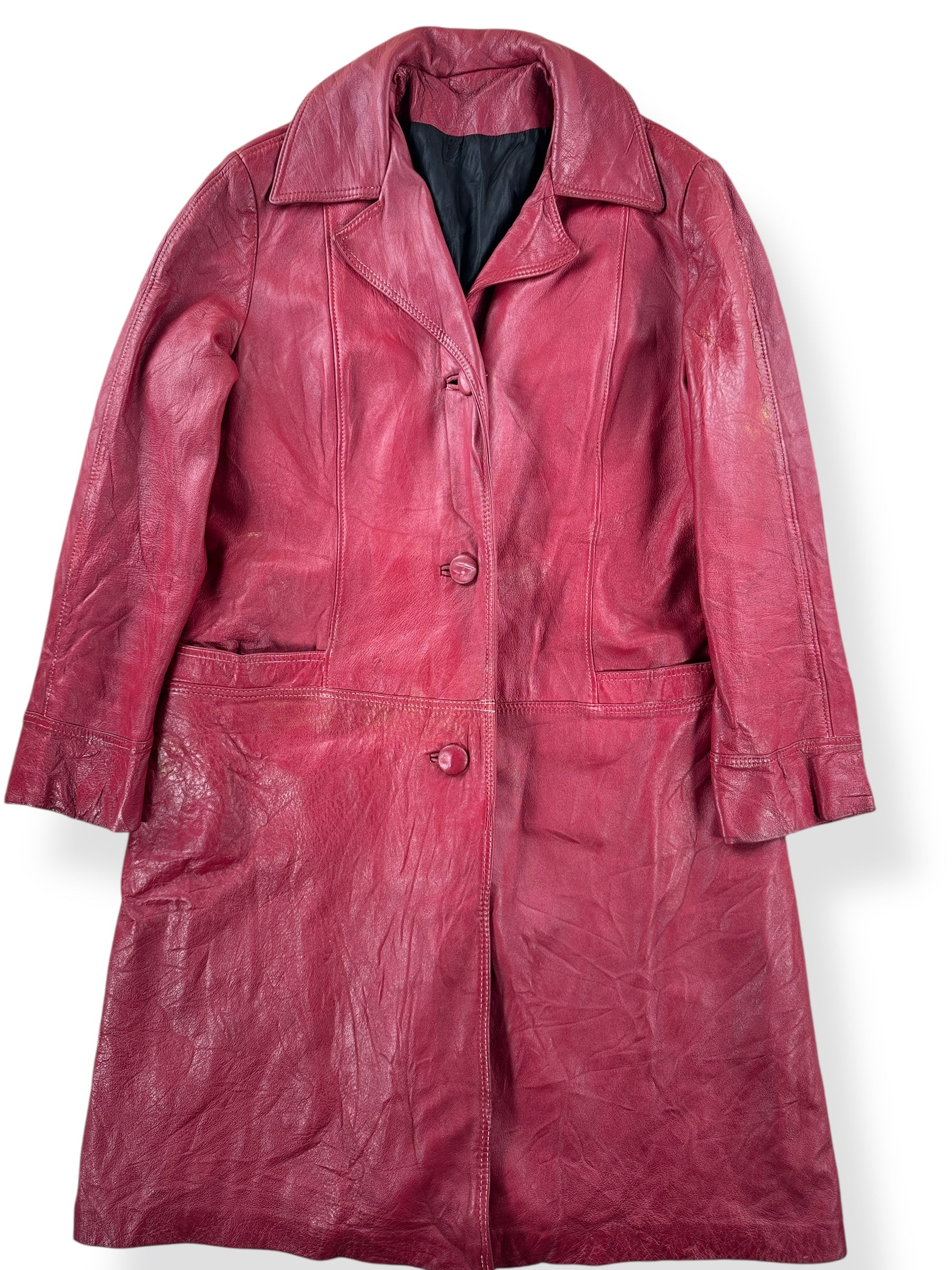 Front Close Up of Vintage Womens 70s Series 500 Red Leather Trench Coat SZ L