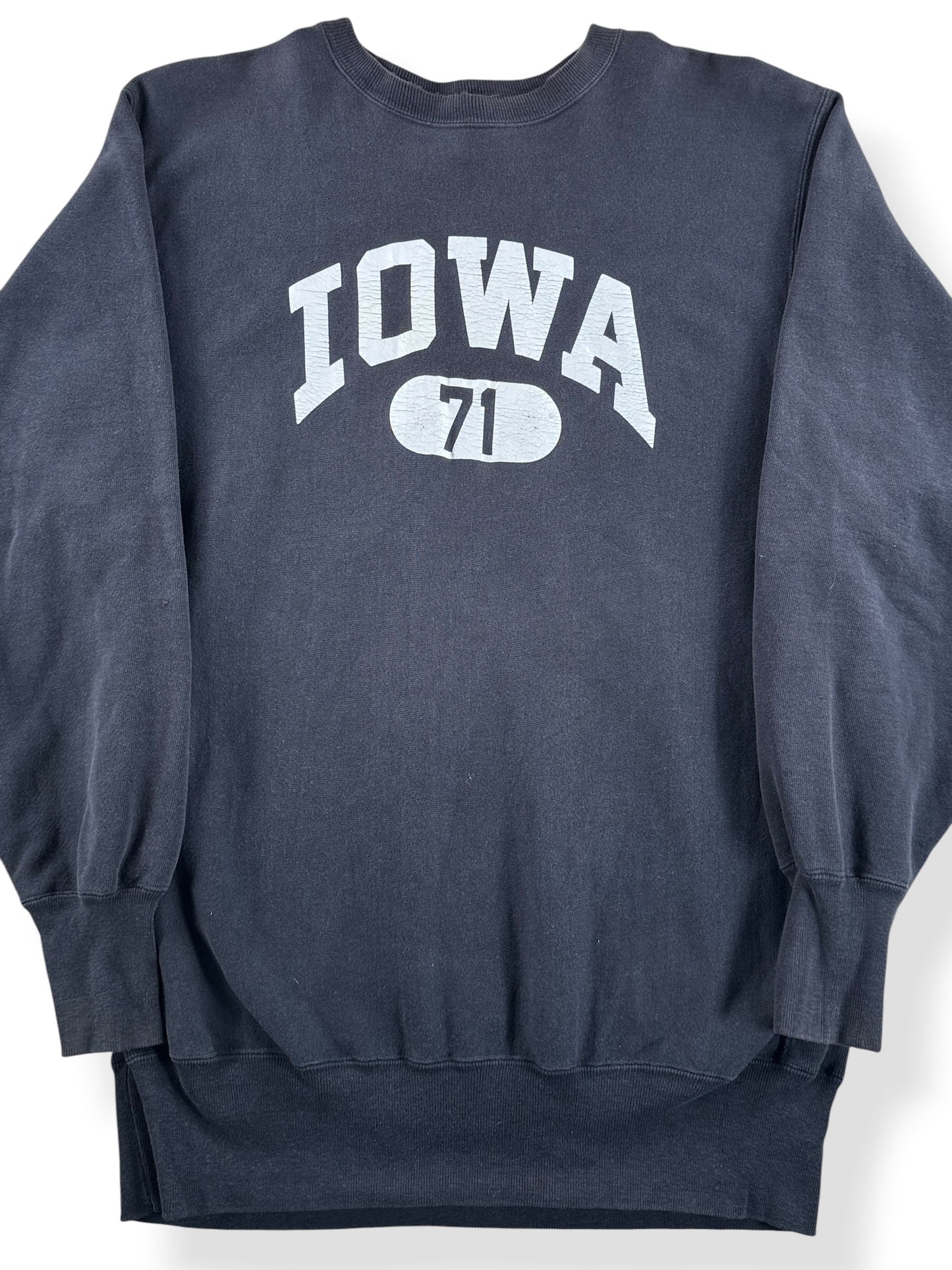 Front Close Up of Vintage Iowa Black Champion Reverse Weave Crewneck SZ 3XL (Fits XL)