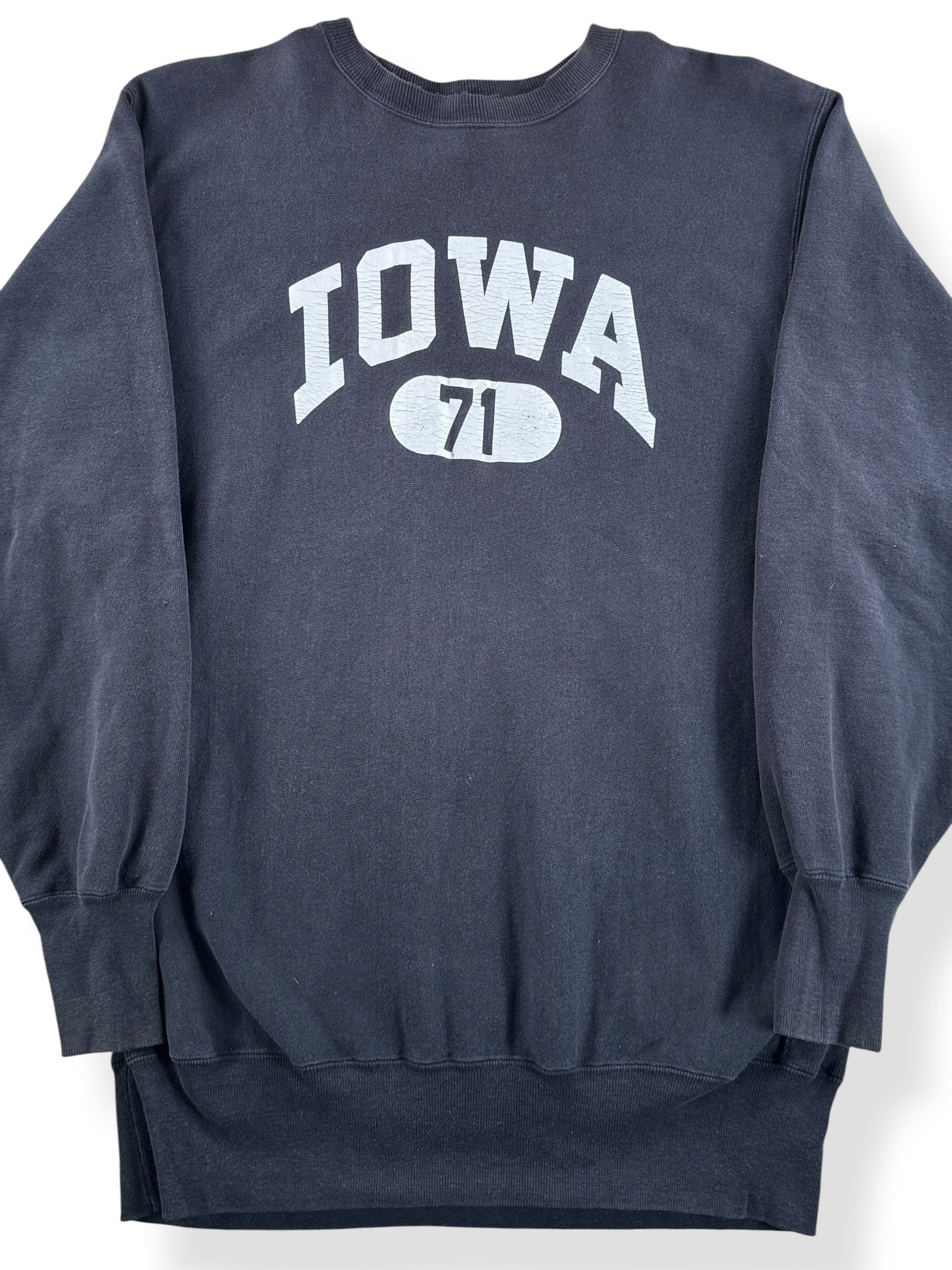 Front Close Up of Vintage Iowa Black Champion Reverse Weave Crewneck SZ 3XL (Fits XL)