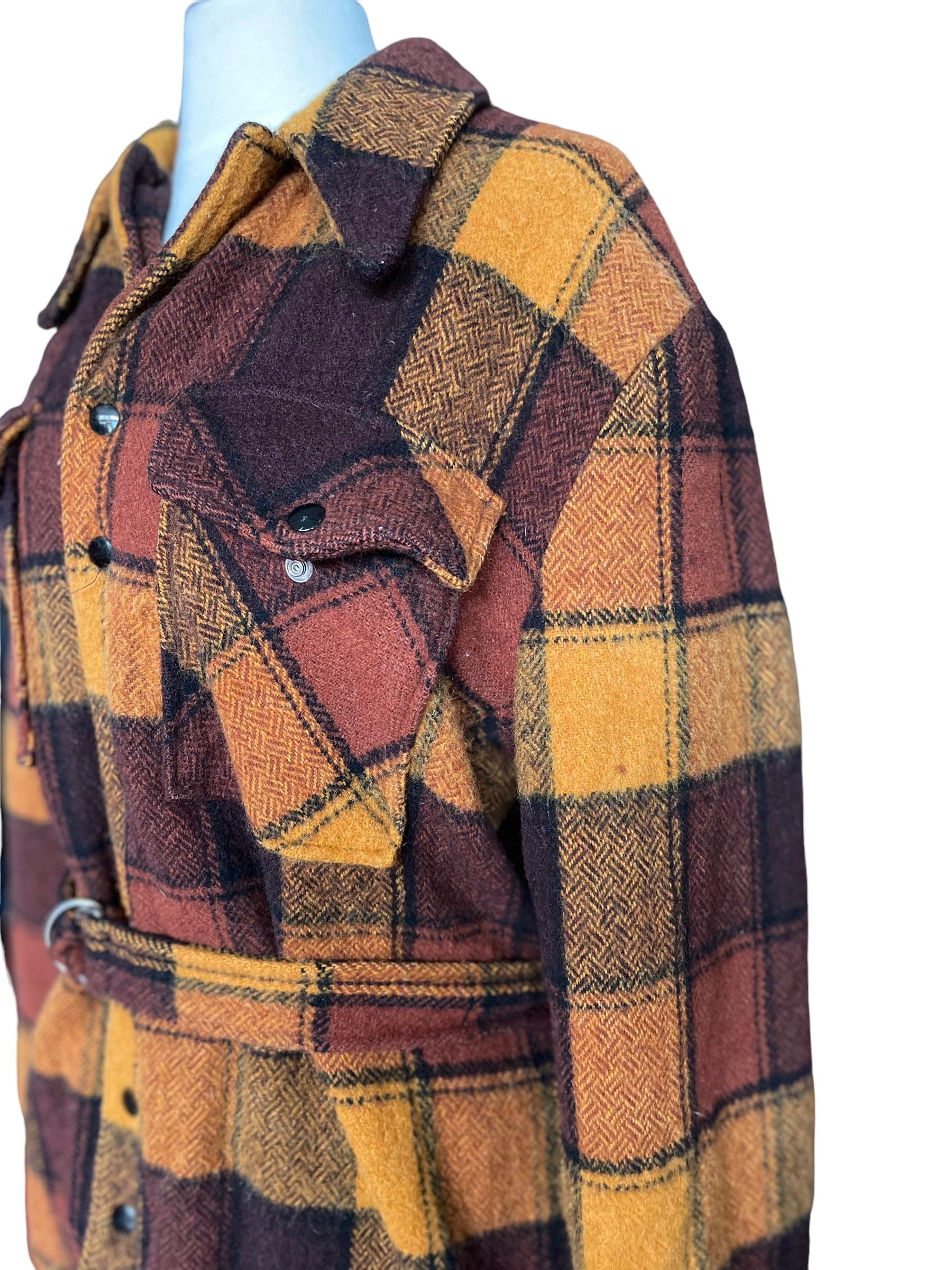 Front left side view of Vintage H Bar C Western Wear Plaid Belted Coat | Seattle True Vintage | Barn Owl Vintage Coats