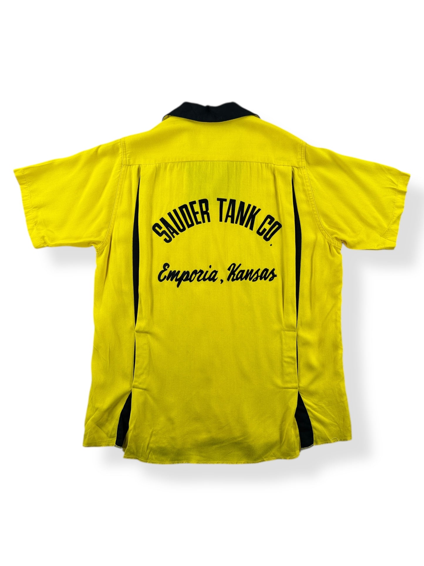 Back of Vintage Sauder Tank Yellow Bowling Shirt SZ S