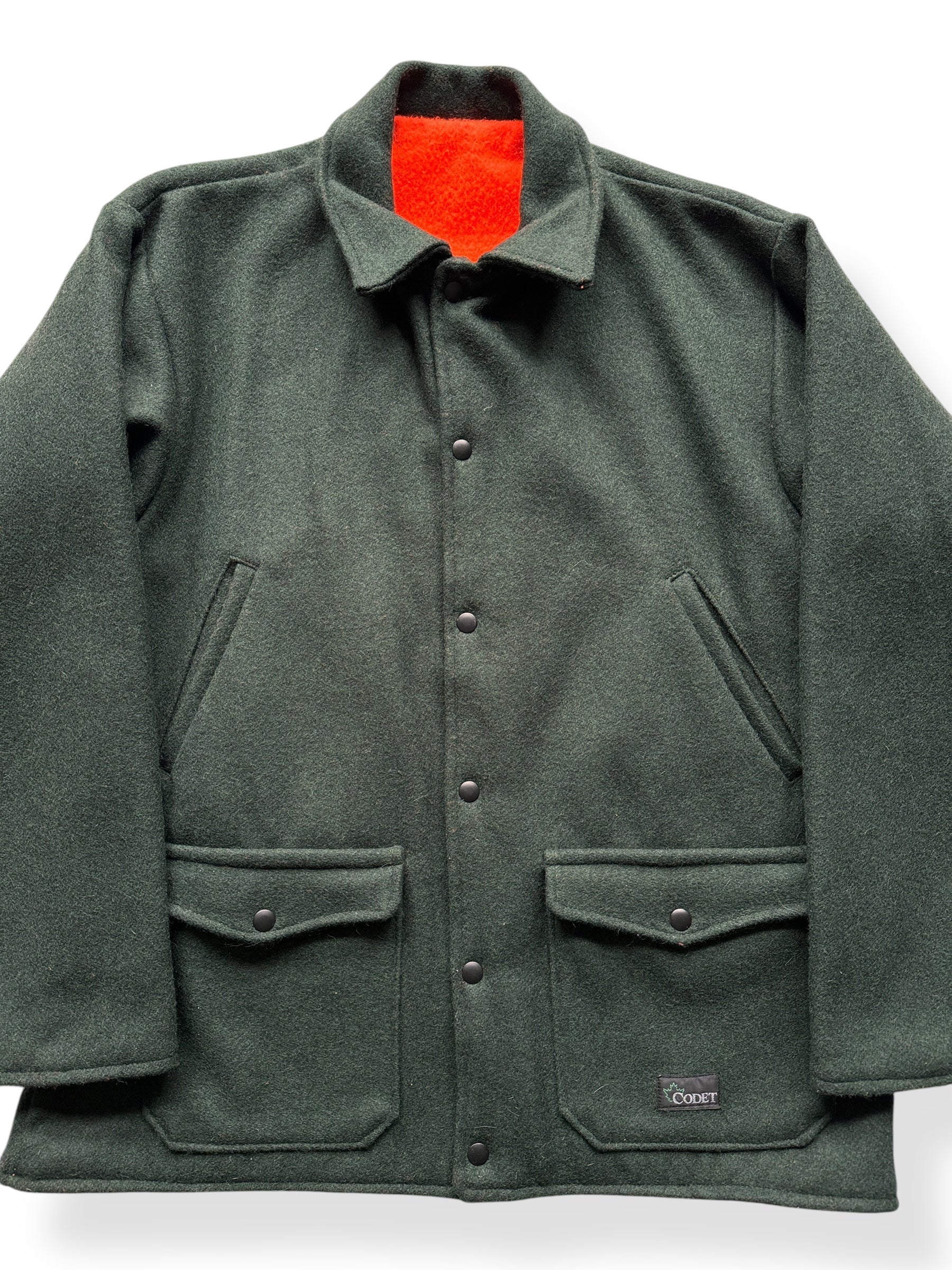 Front Close Up of Codet Green Wool Hunting Jacket SZ XL