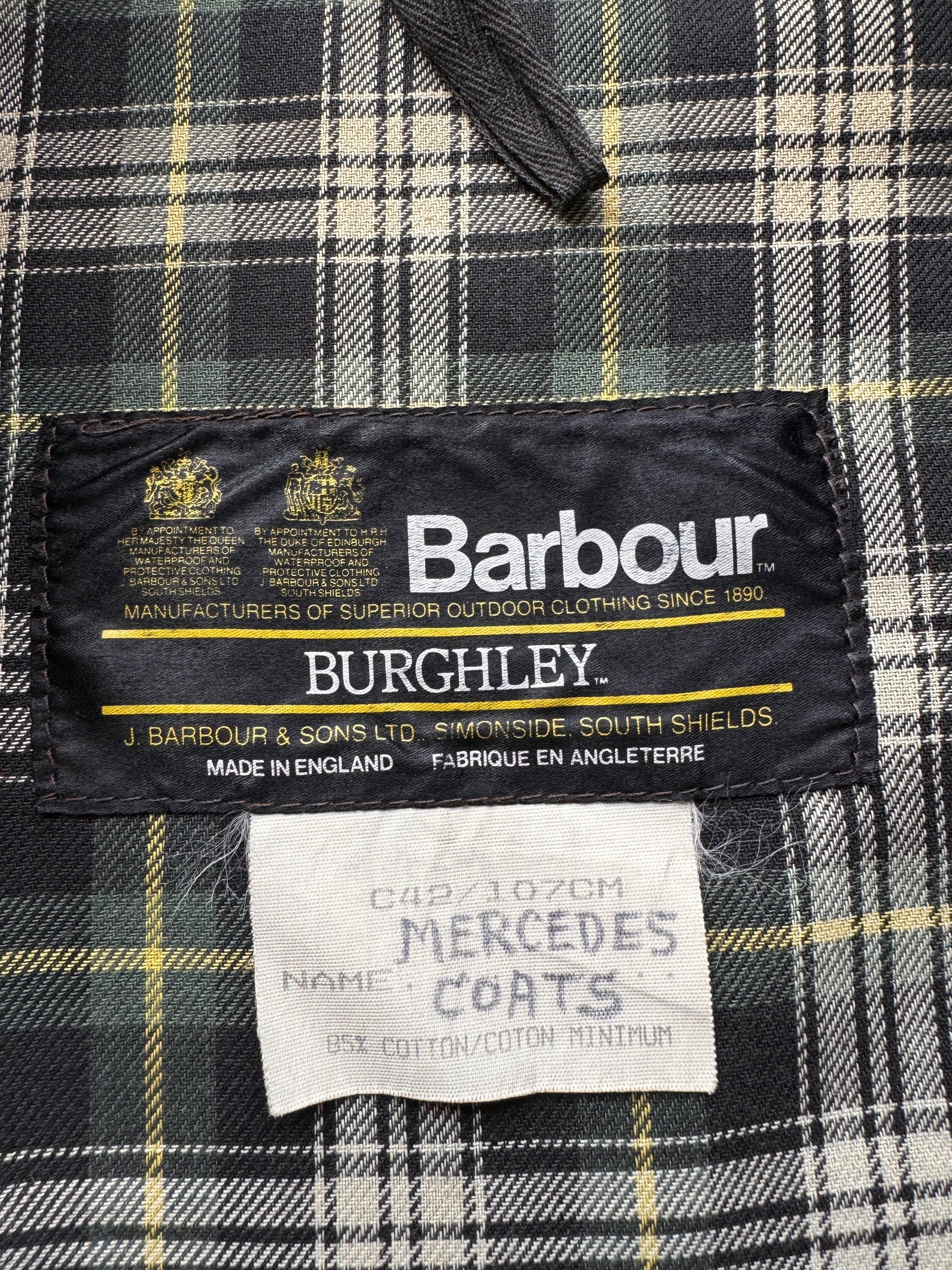 Label on Barbour Waxed Duster Coat SZ XL