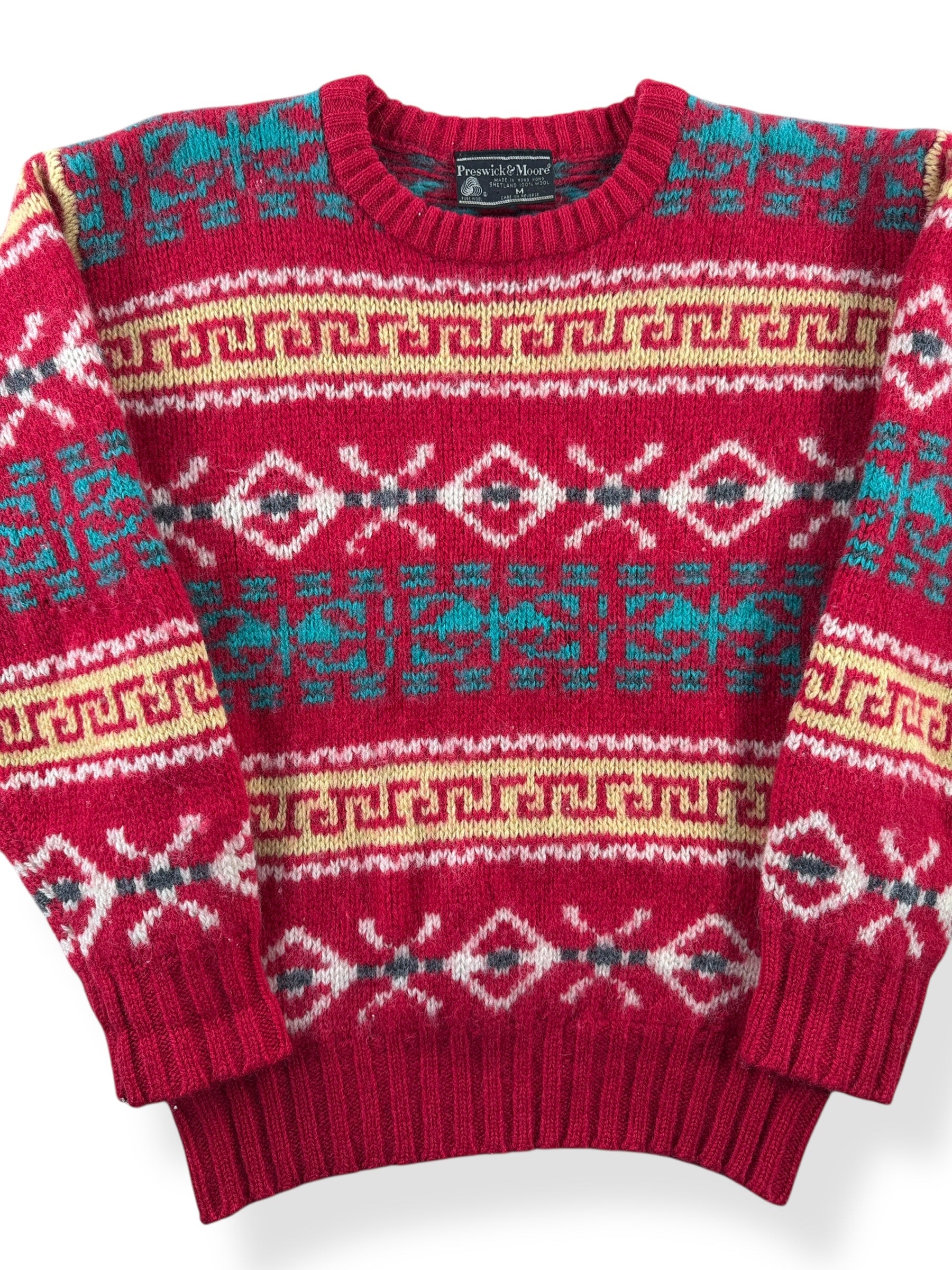 Front Close Up of Vintage Preswick & Moore Shetland Wool Sweater SZ M (Fits S)