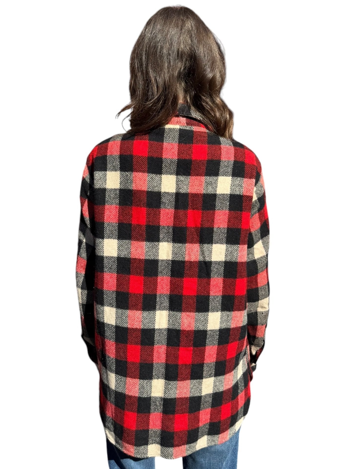 Rear View of Vintage Woolrich Red Black & White Wool Shirt Jacket SZ M