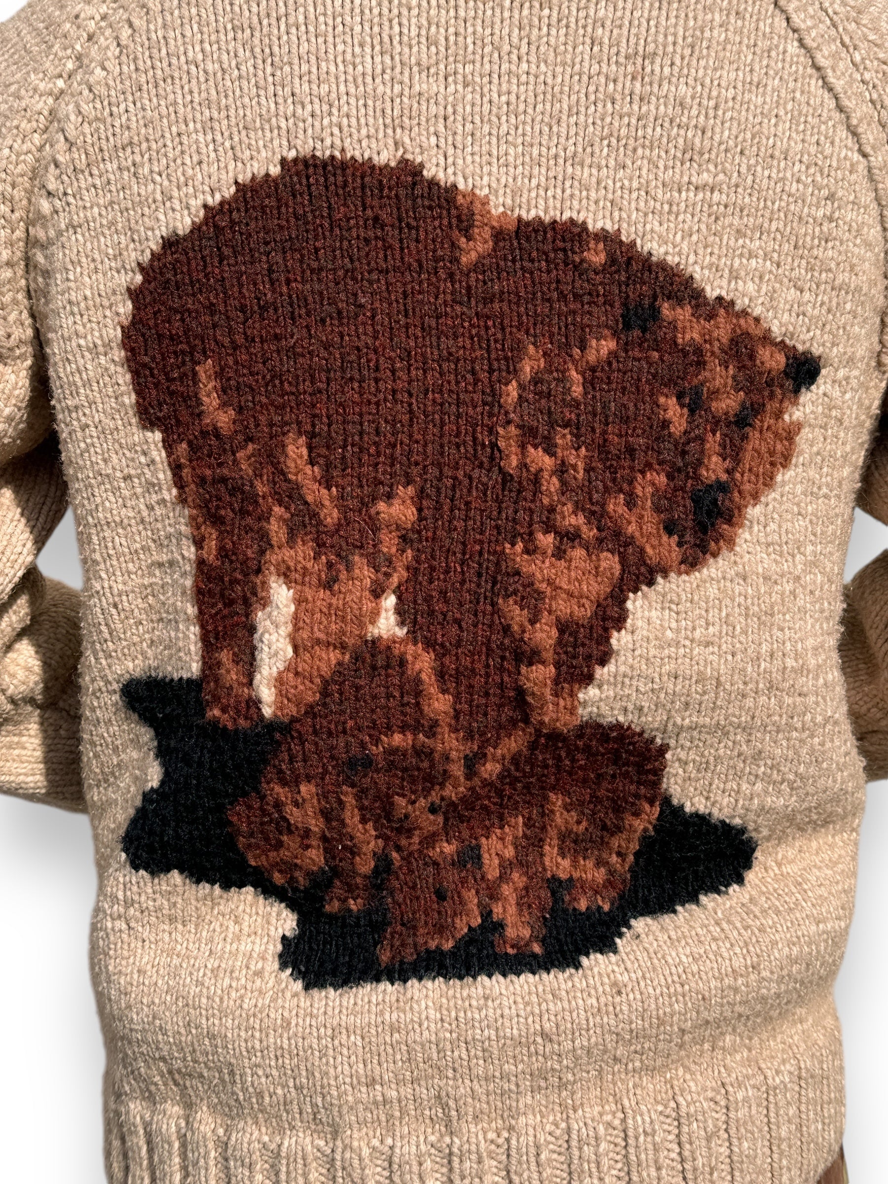 Rear Detail on Vintage Bear Themed Cowichan Sweater SZ L