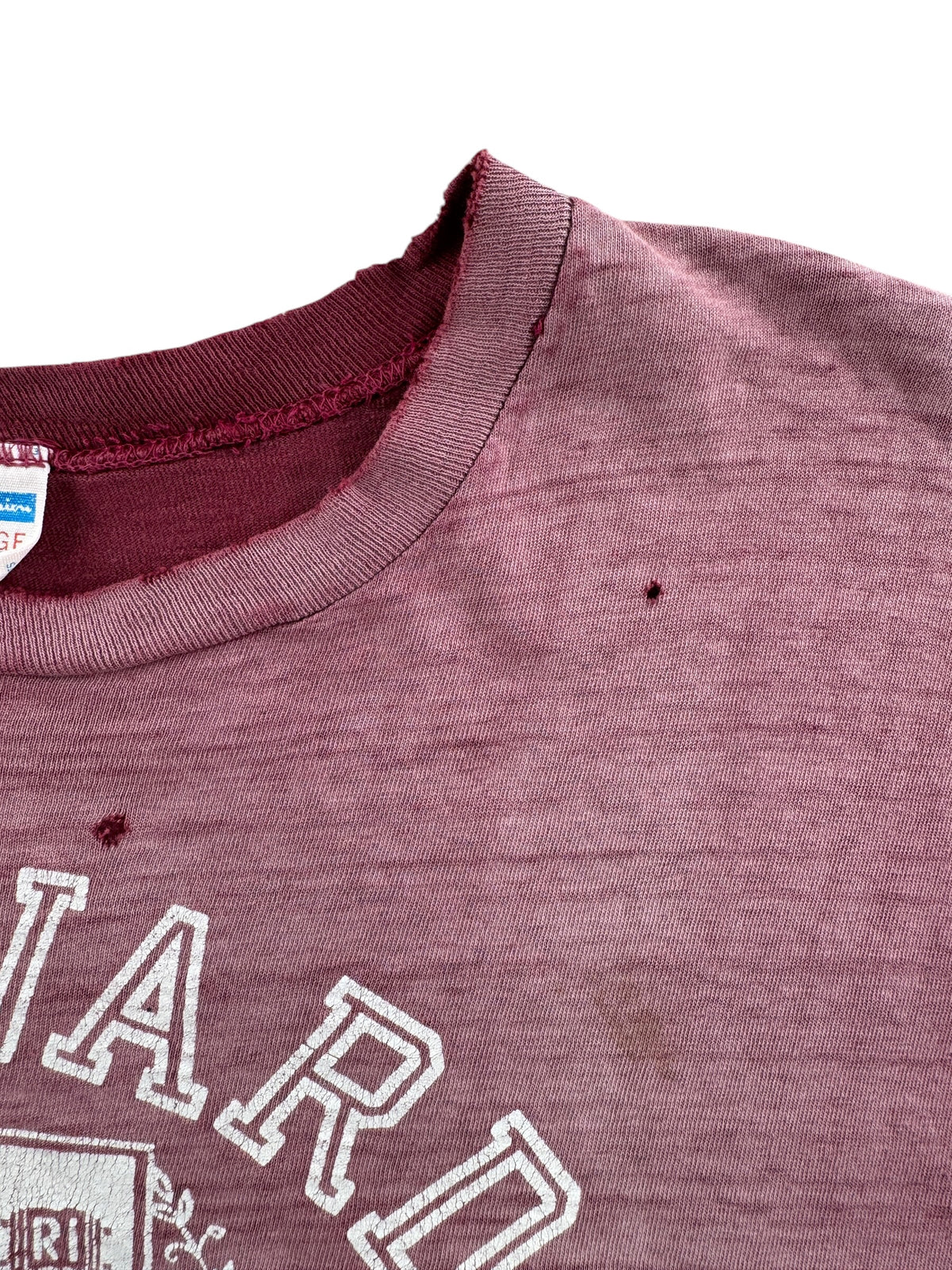 Fading and holes on Vintage 70s Champion Blue Bar Harvard 'UW Of The East' Tee SZ XL (Fits L)