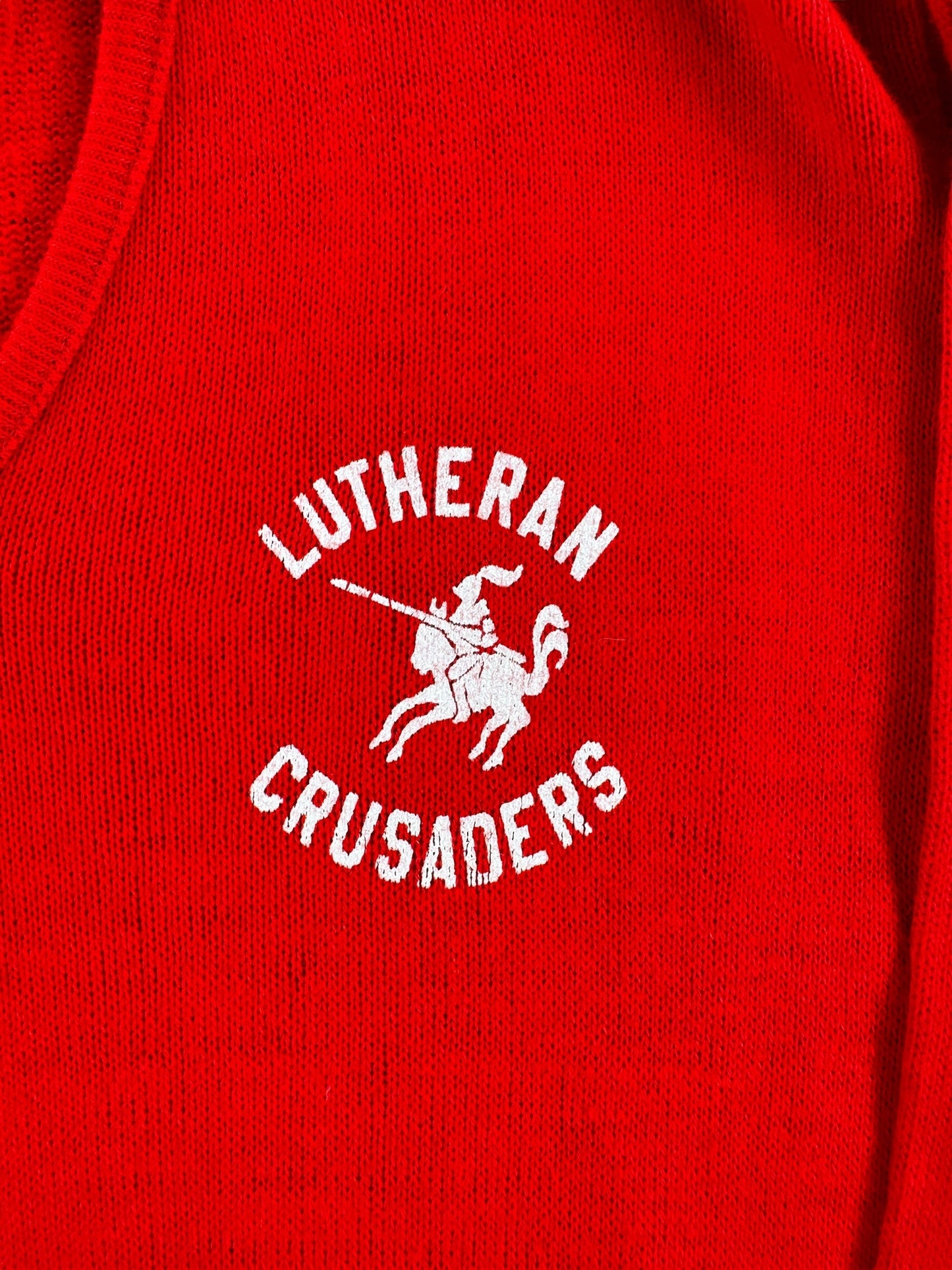 Front Graphic on Vintage Lutheran Crusaders V-Neck Sweater SZ M