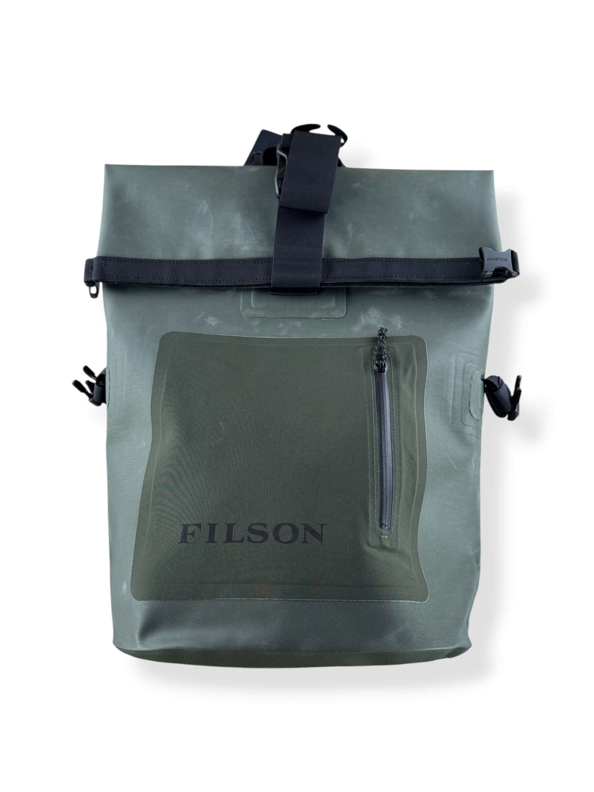Layed down front of Filson NWT Green Dry Backpack