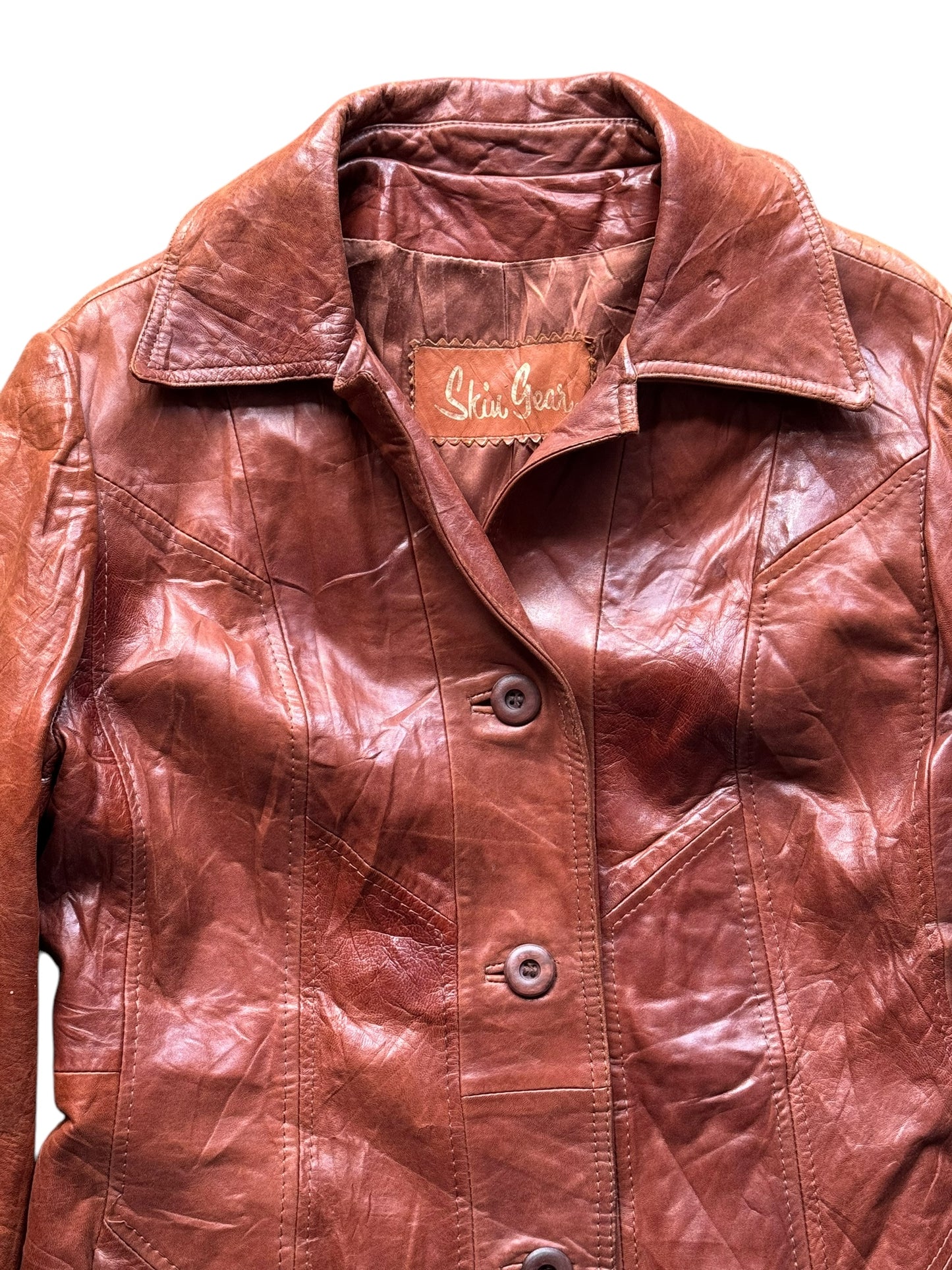 Collar view of 1970s Skin Gear Leather Coat L