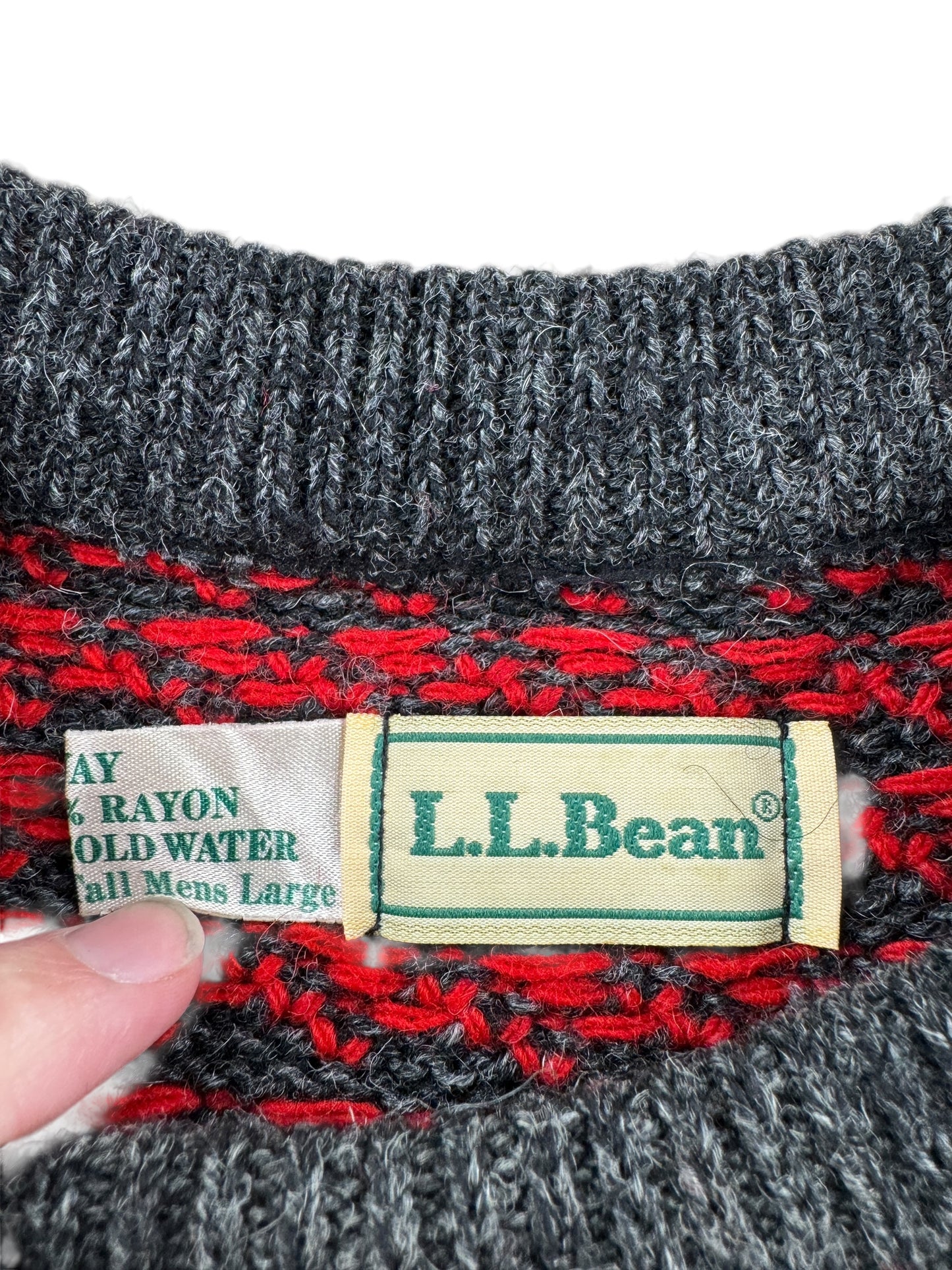 Tag on Vintage Men's LL Bean Birdseye Sweater Red & Grey SZ L