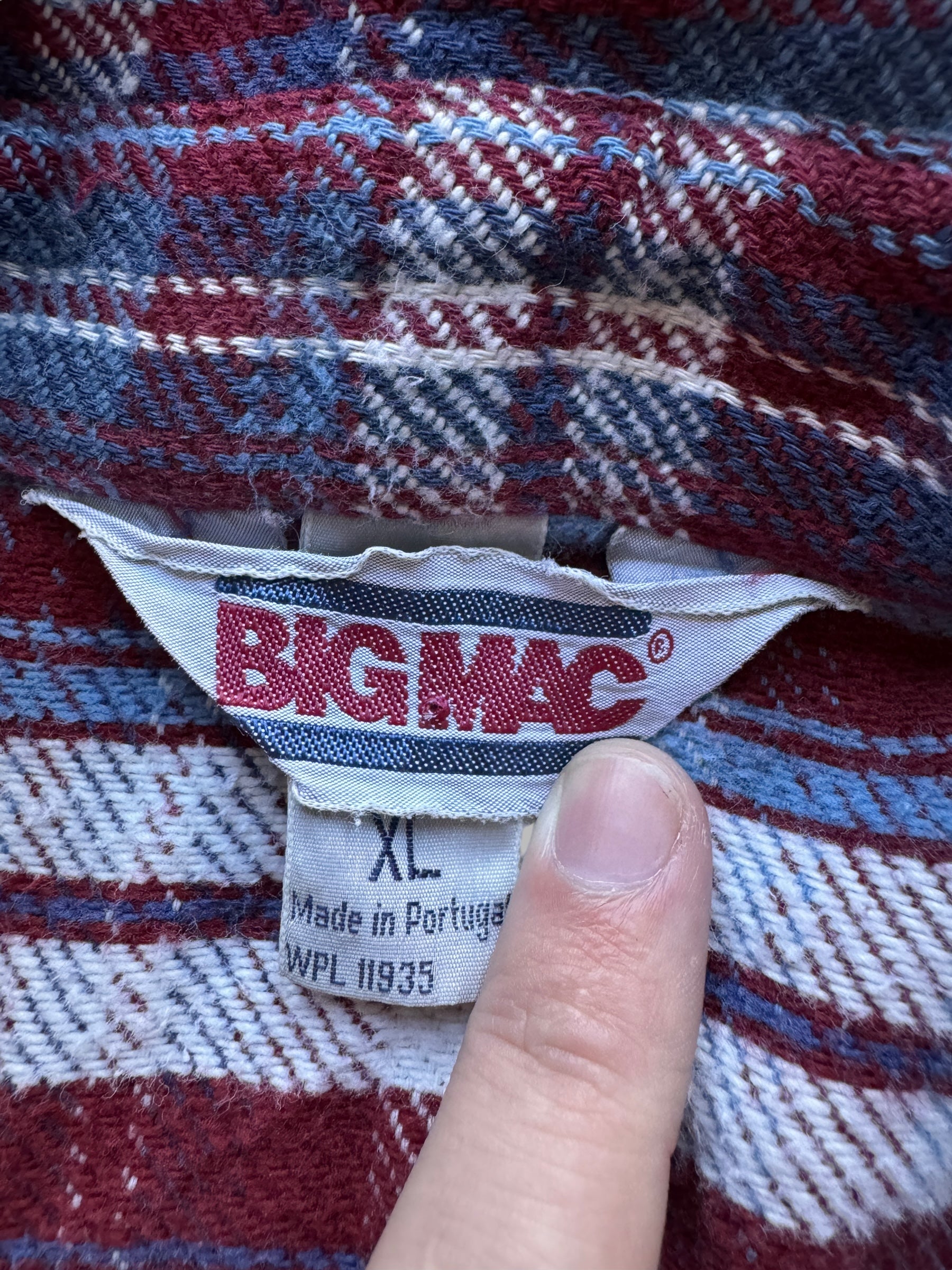 tag on Vintage Distressed Big Mac Blue/Red/White Cotton Flannel SZ XL