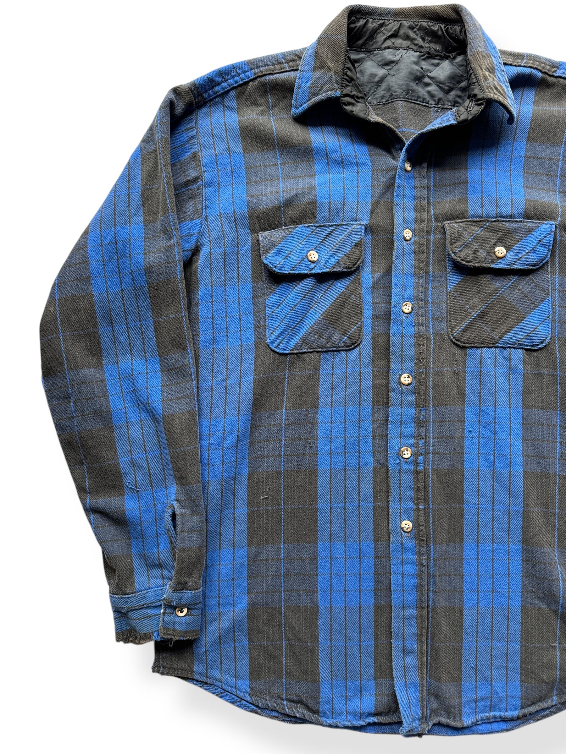 Front Right of Distressed Black & Blue Cotton Flannel SZ XL AS IS