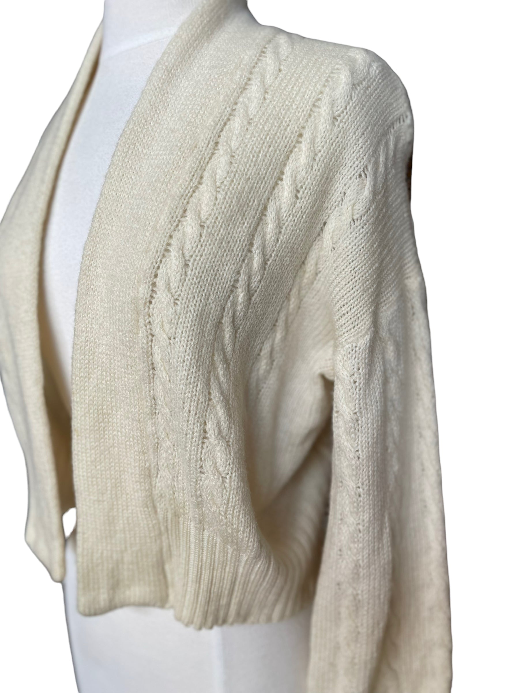 Front left side of Vintage 1950s Cable Knit Cardigan Sweater | Barn Owl Seattle | Seattle True Vintage