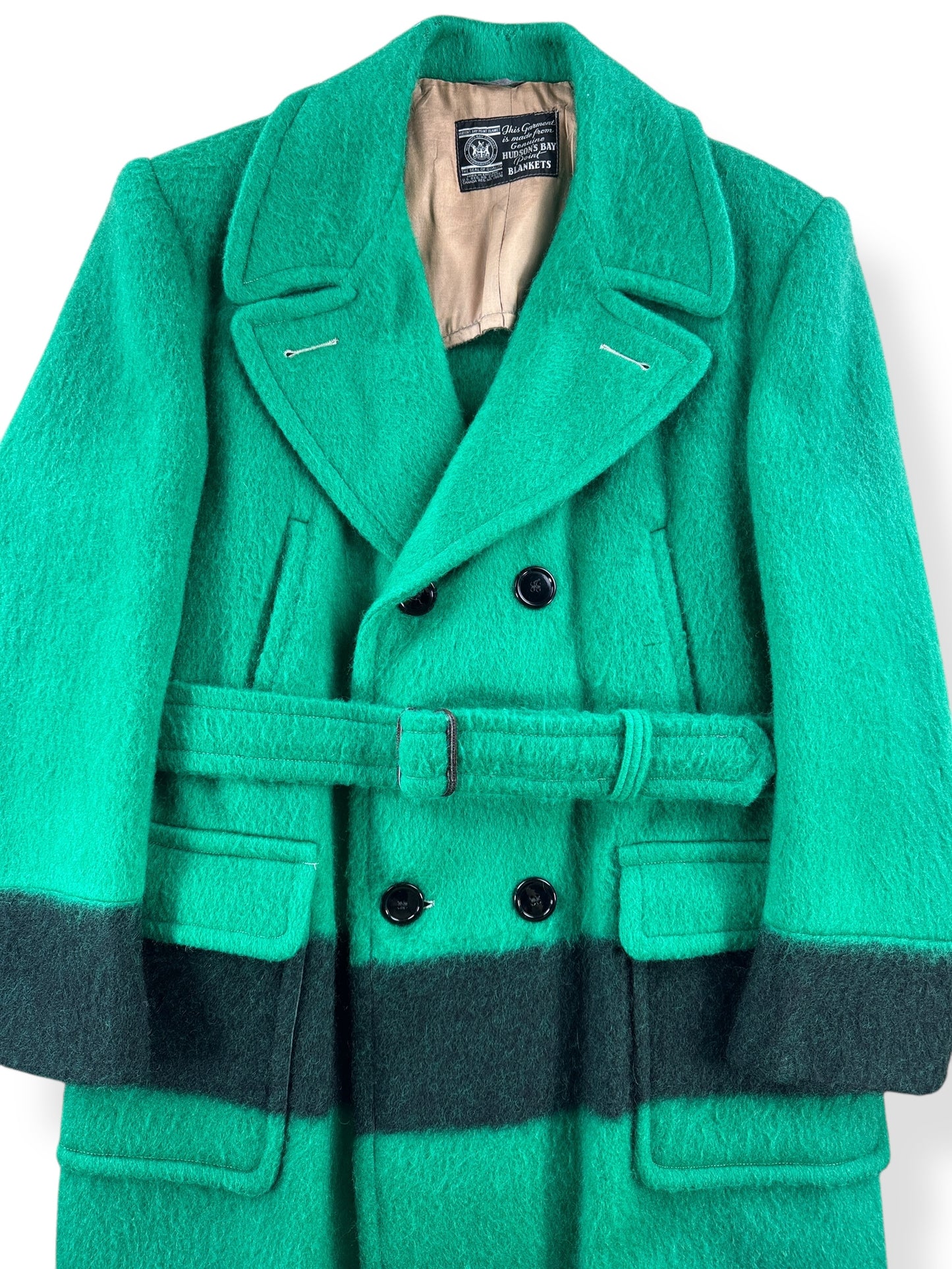 Front Close Up of Vintage Hudson's Bay Green Belted Point Blanket Coat SZ M