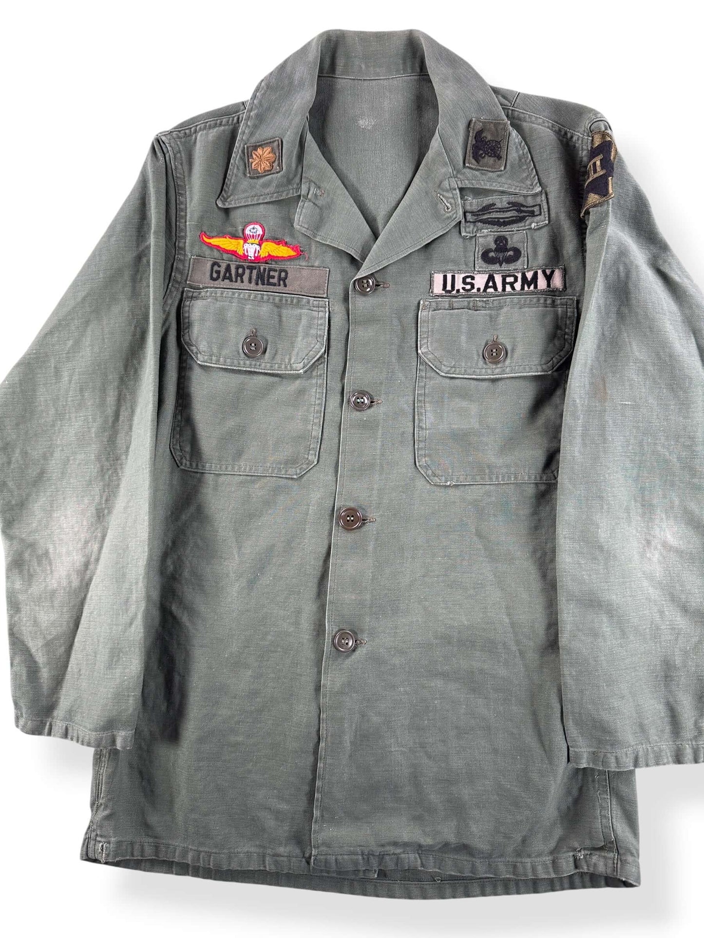 Front Close Up of Vintage 60s Vietnam War OG-107 Fatigue Shirt SZ S