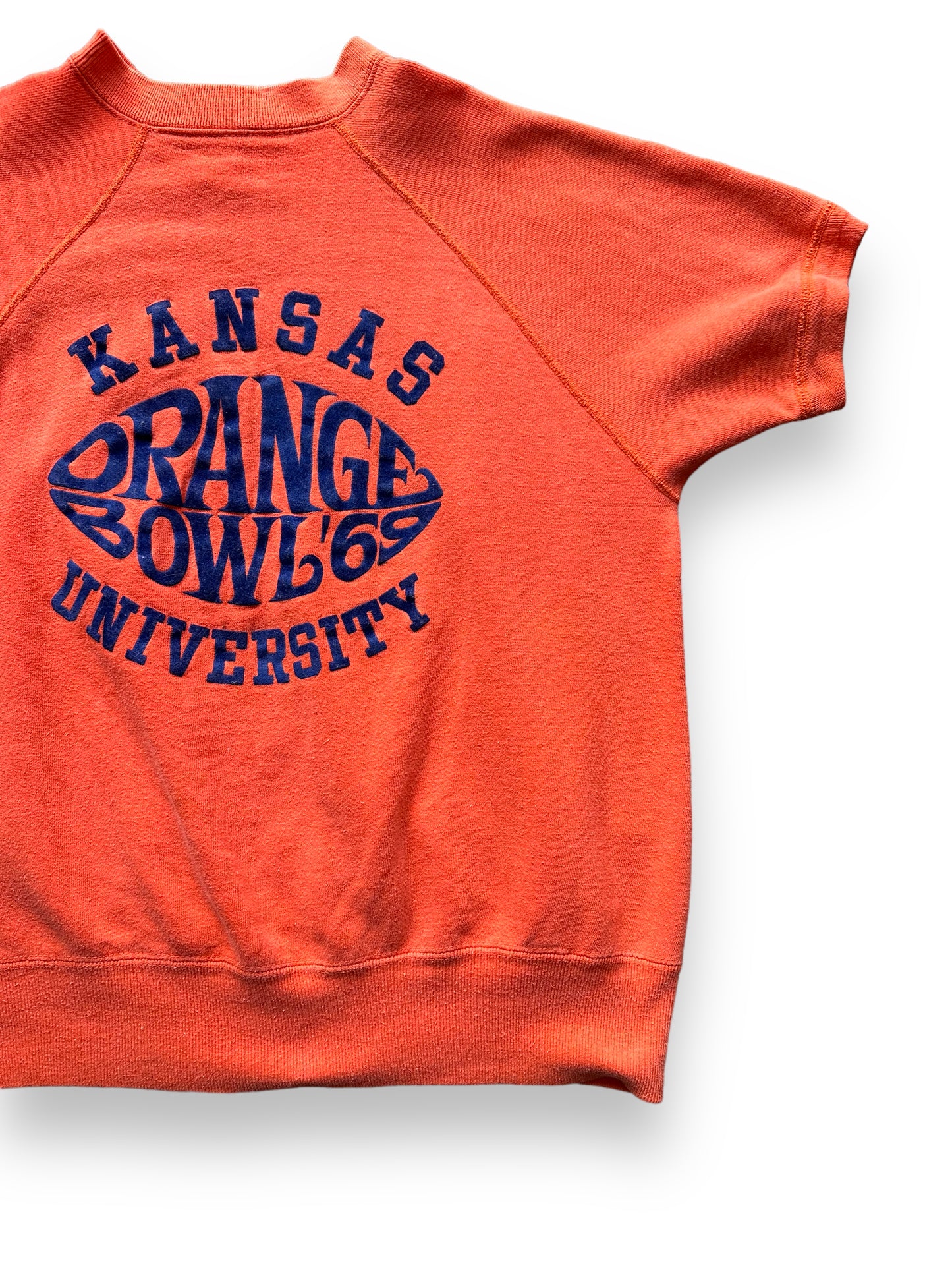 Front Left View of Vintage Artex Kansas University 1969 Orange Bowl Short Sleeve Crewneck Sweatshirt SZ L | Barn Owl Vintage Clothing | Seattle Vintage Sweatshirts