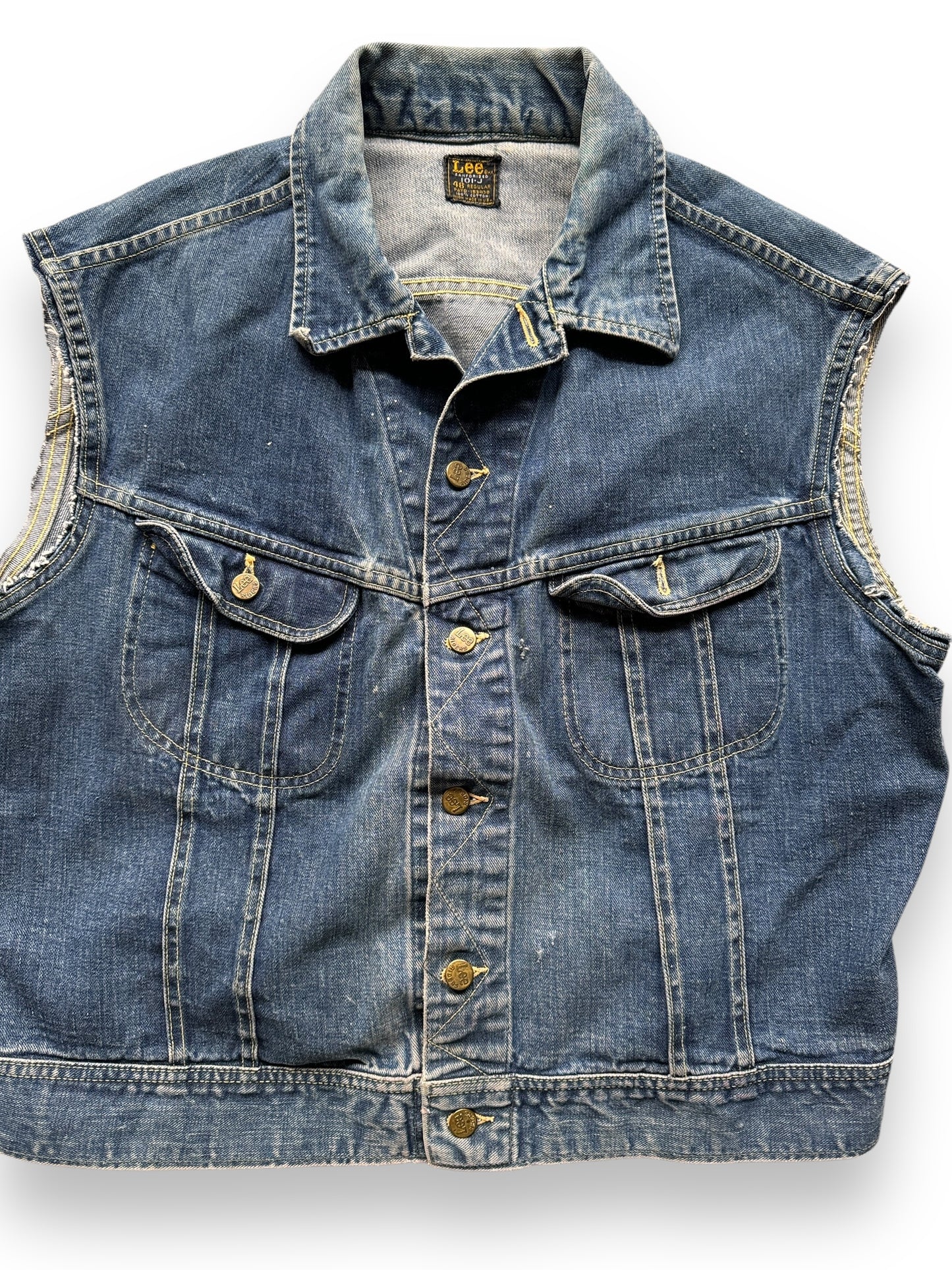 front close up of Vintage Lee 101-J Denim Vest SZ 48