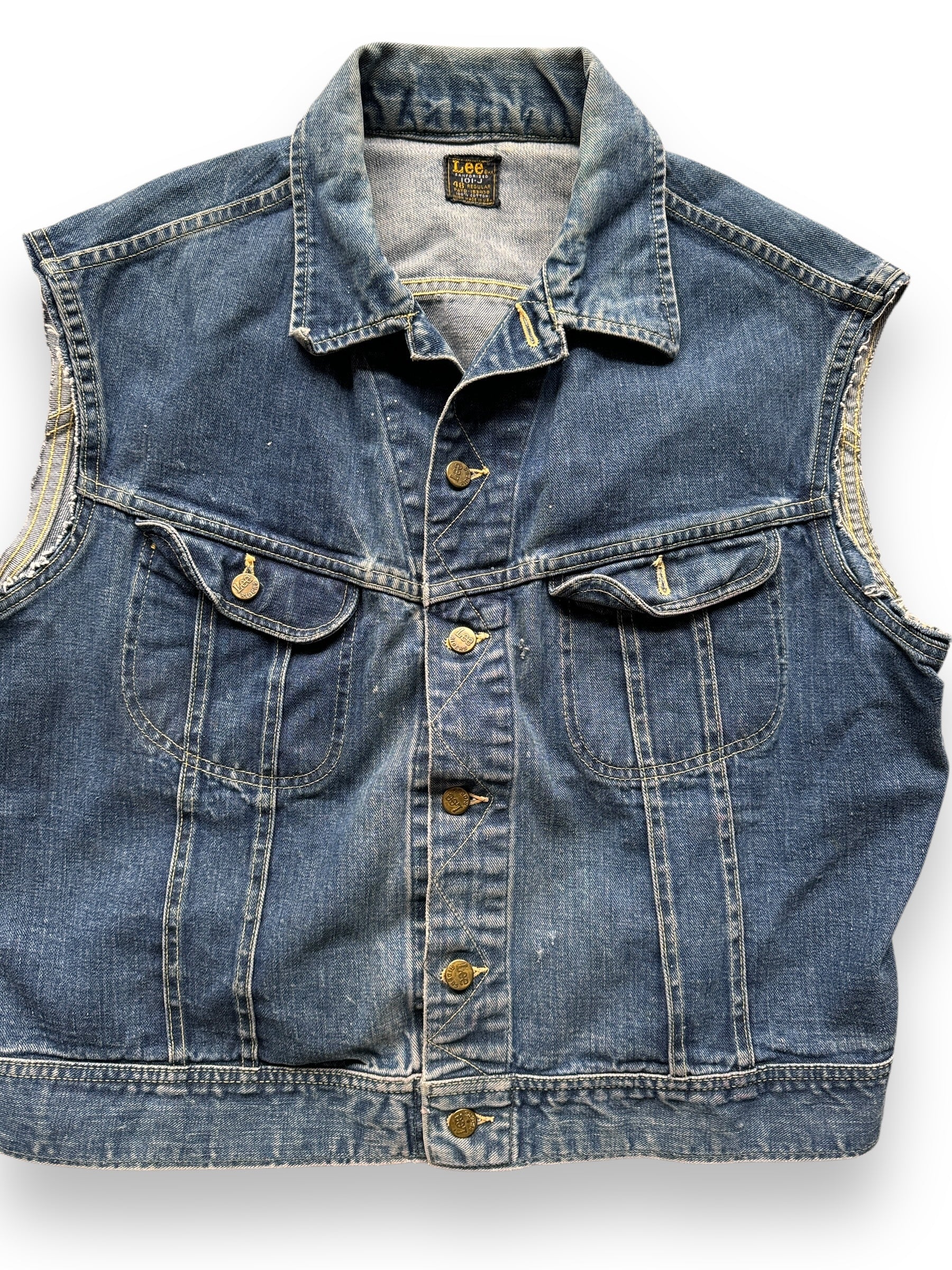 front close up of Vintage Lee 101-J Denim Vest SZ 48