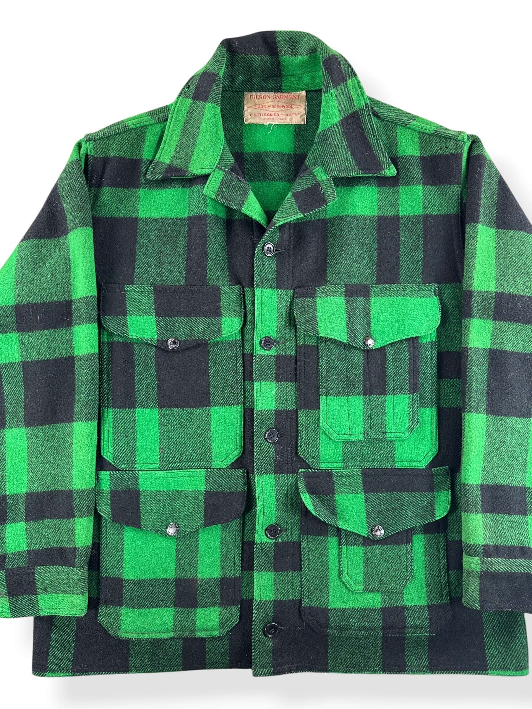 Front Close Up of Vintage Green and Black Filson Union Made Cruiser Jacket SZ XL