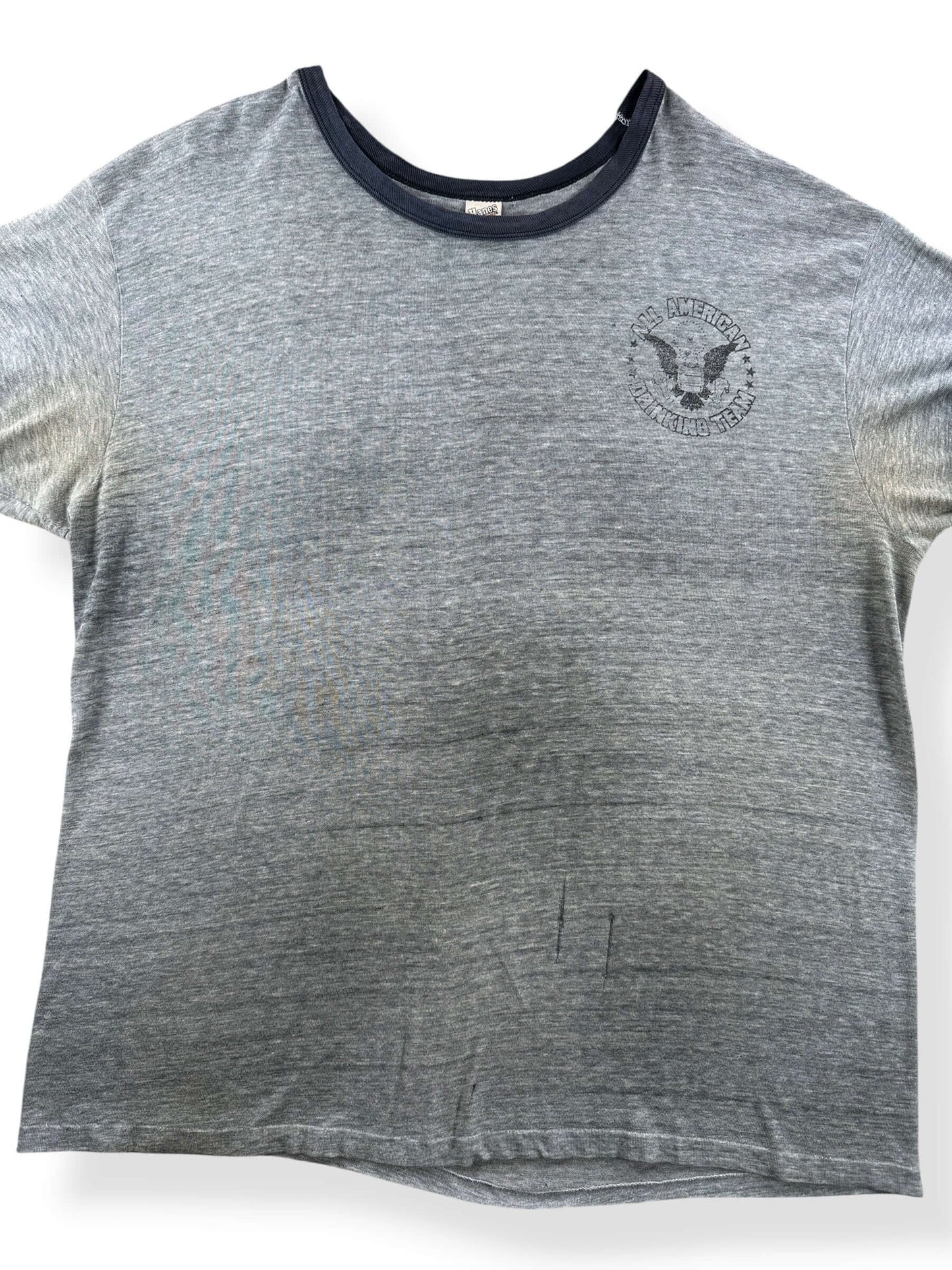 Close-up of Vintage All American Drinking Team Ringer Tee SZ XL